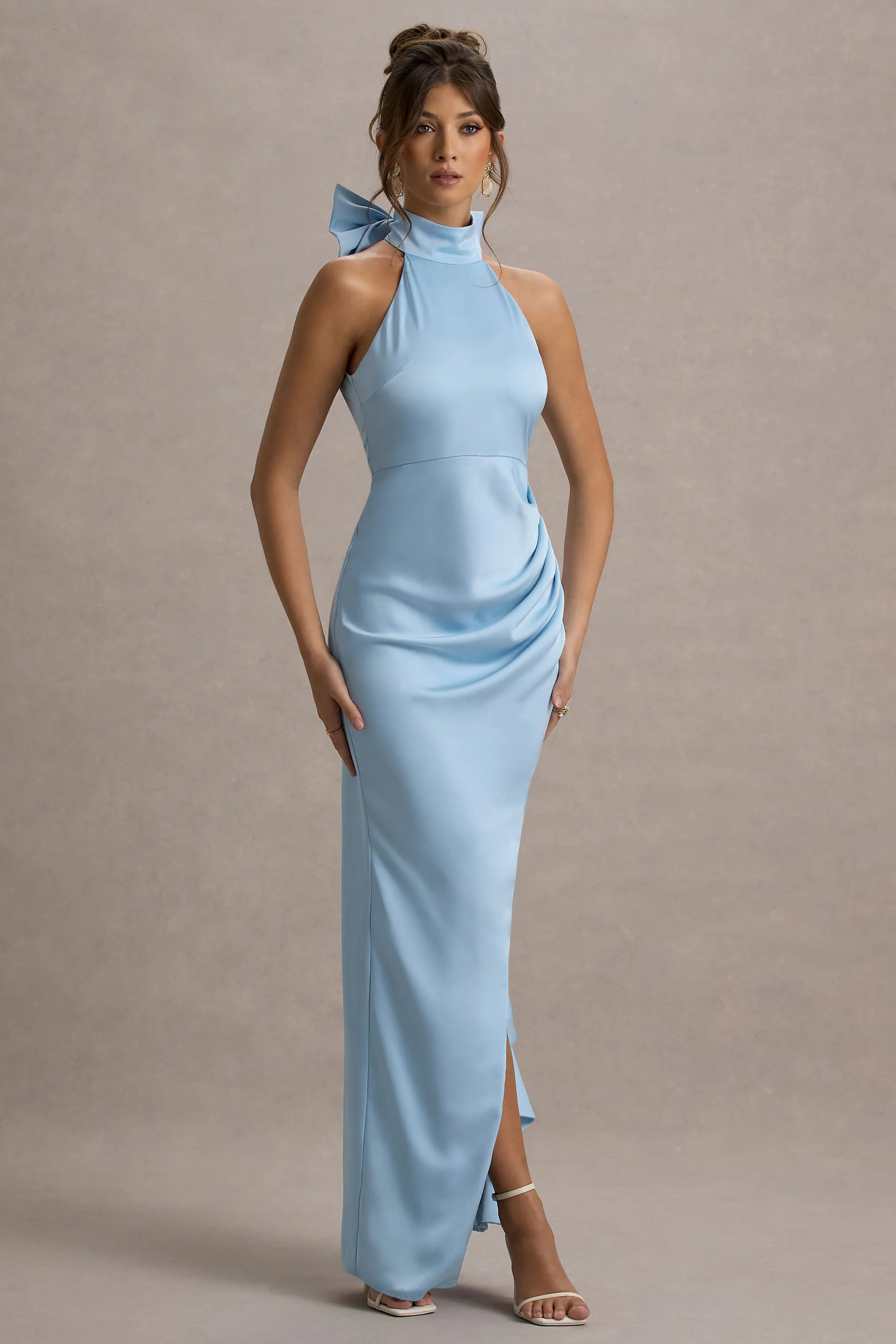 Maureen | Powder Blue Satin High-Neck Draped Maxi Dress sold by Club L London product image thumbnail 4