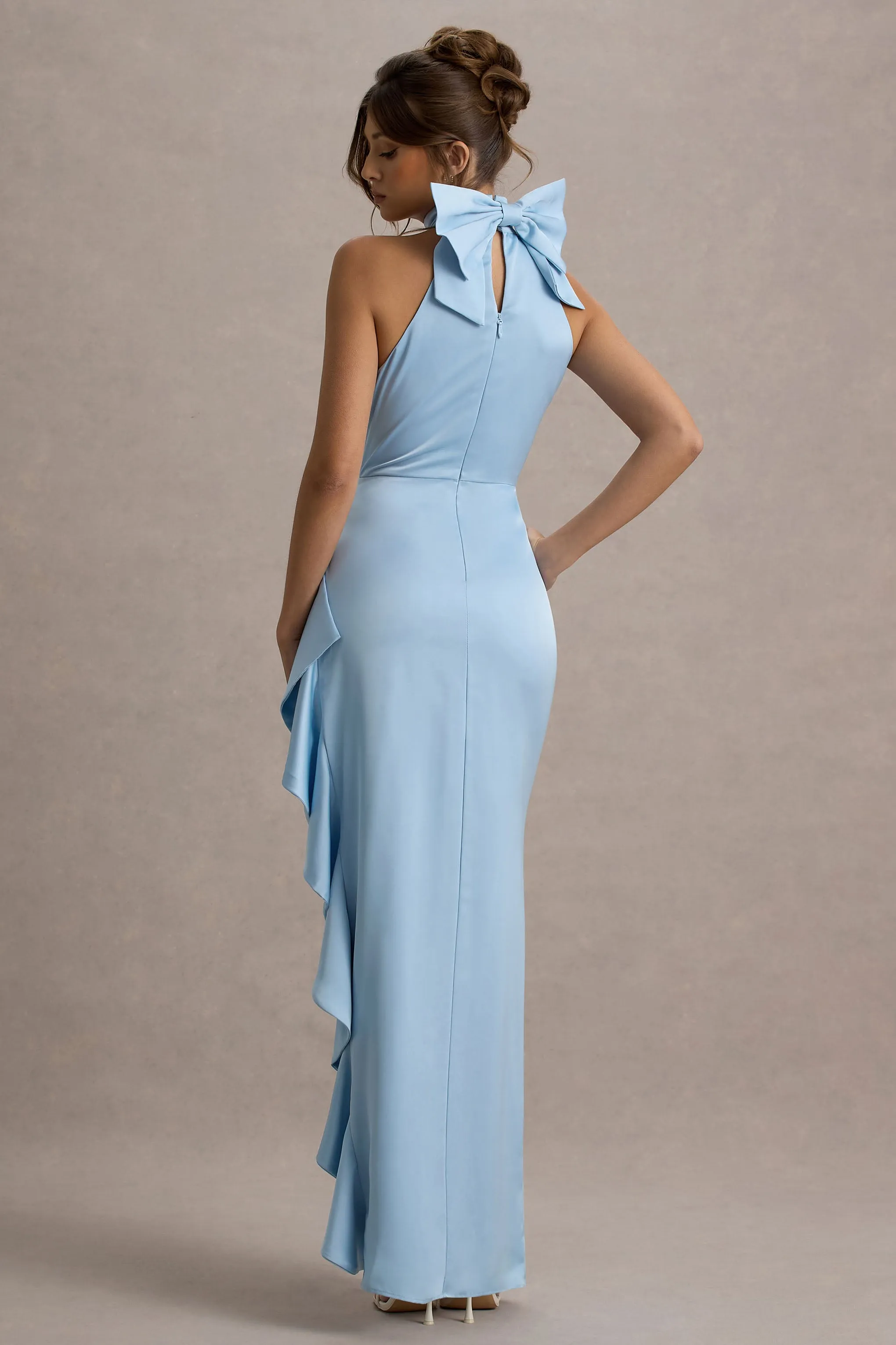 Maureen | Powder Blue Satin High-Neck Draped Maxi Dress sold by Club L London product image thumbnail 2