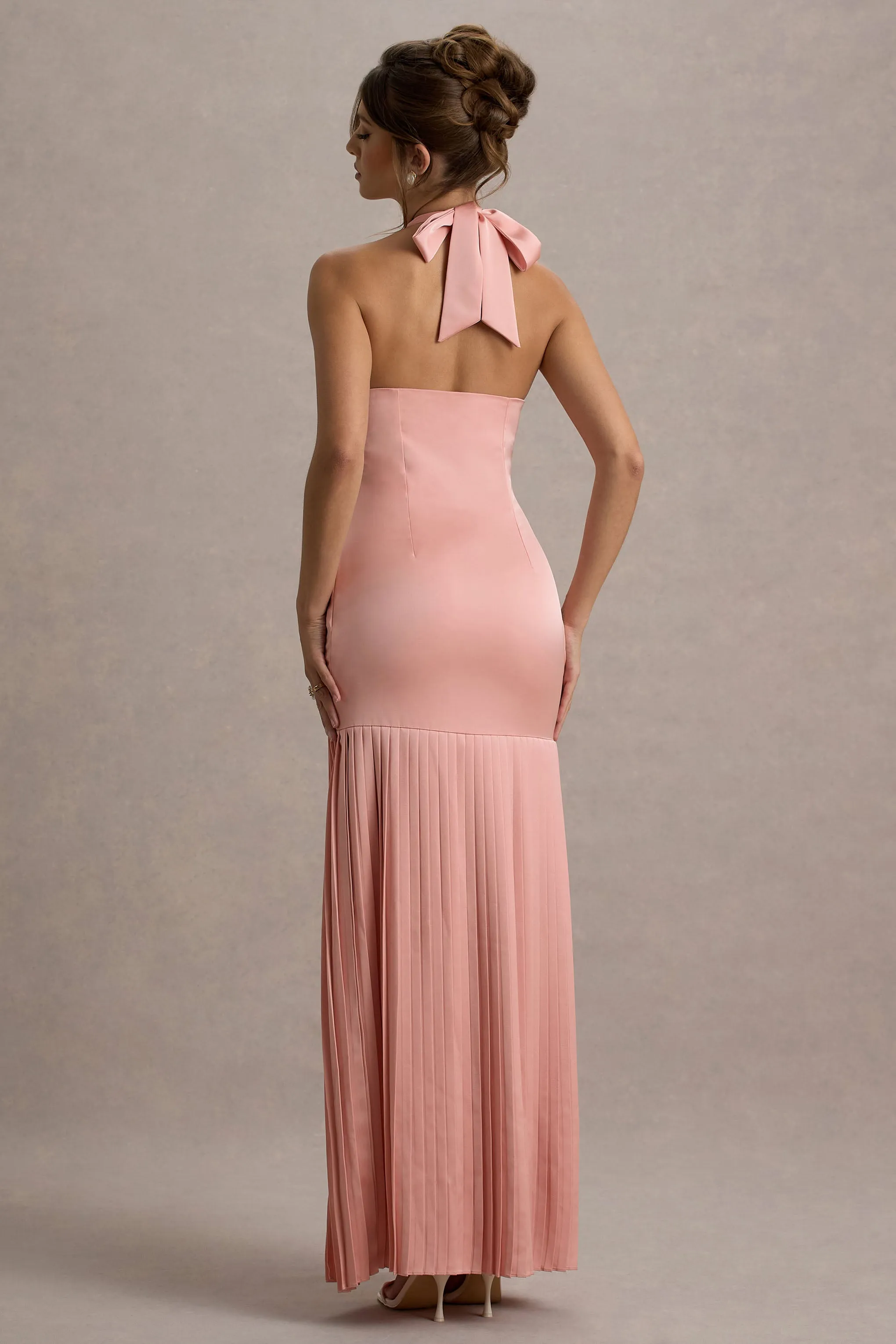Sansa | Light Pink Satin Cross Halter-Neck Plisse Maxi Dress sold by Club L London product image thumbnail 2