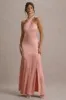Sansa | Light Pink Satin Cross Halter-Neck Plisse Maxi Dress sold by Club L London