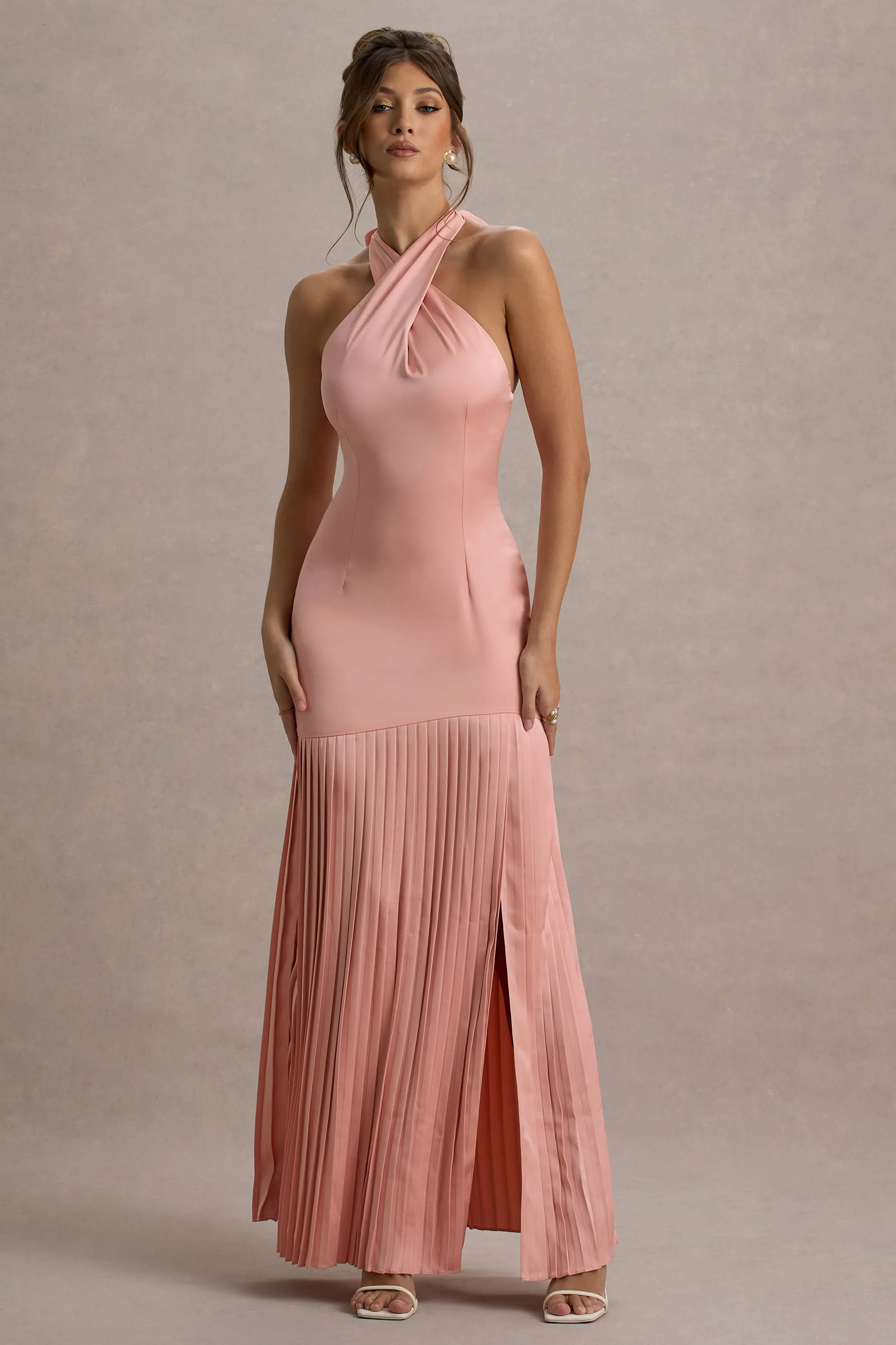Sansa | Light Pink Satin Cross Halter-Neck Plisse Maxi Dress sold by Club L London product image thumbnail 5