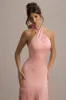 Sansa | Light Pink Satin Cross Halter-Neck Plisse Maxi Dress sold by Club L London