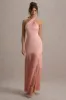 Sansa | Light Pink Satin Cross Halter-Neck Plisse Maxi Dress sold by Club L London