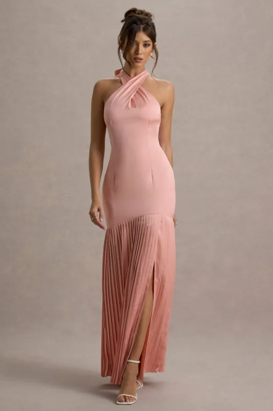 Sansa | Light Pink Satin Cross Halter-Neck Plisse Maxi Dress sold by Club L London