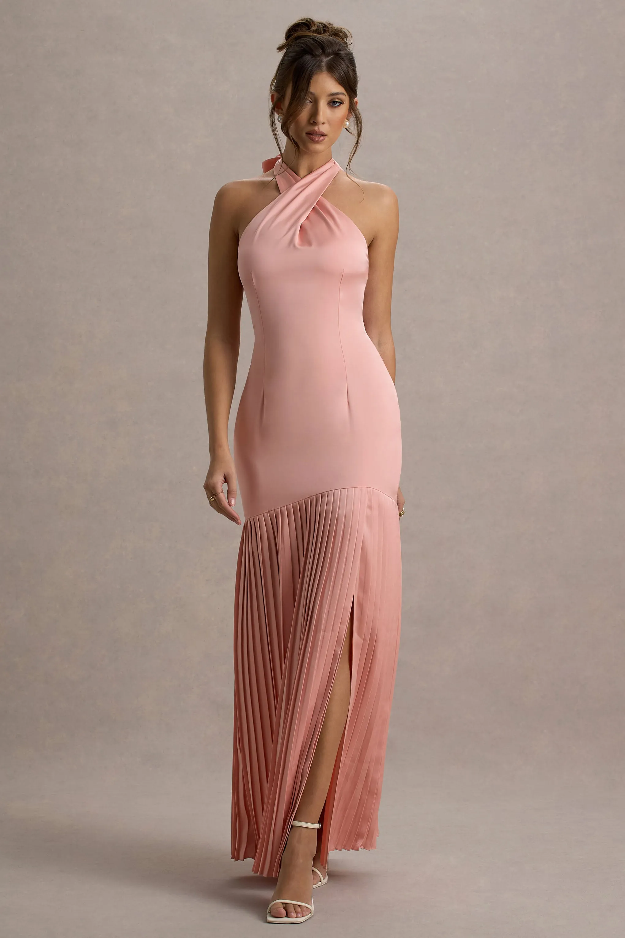 Sansa | Light Pink Satin Cross Halter-Neck Plisse Maxi Dress sold by Club L London