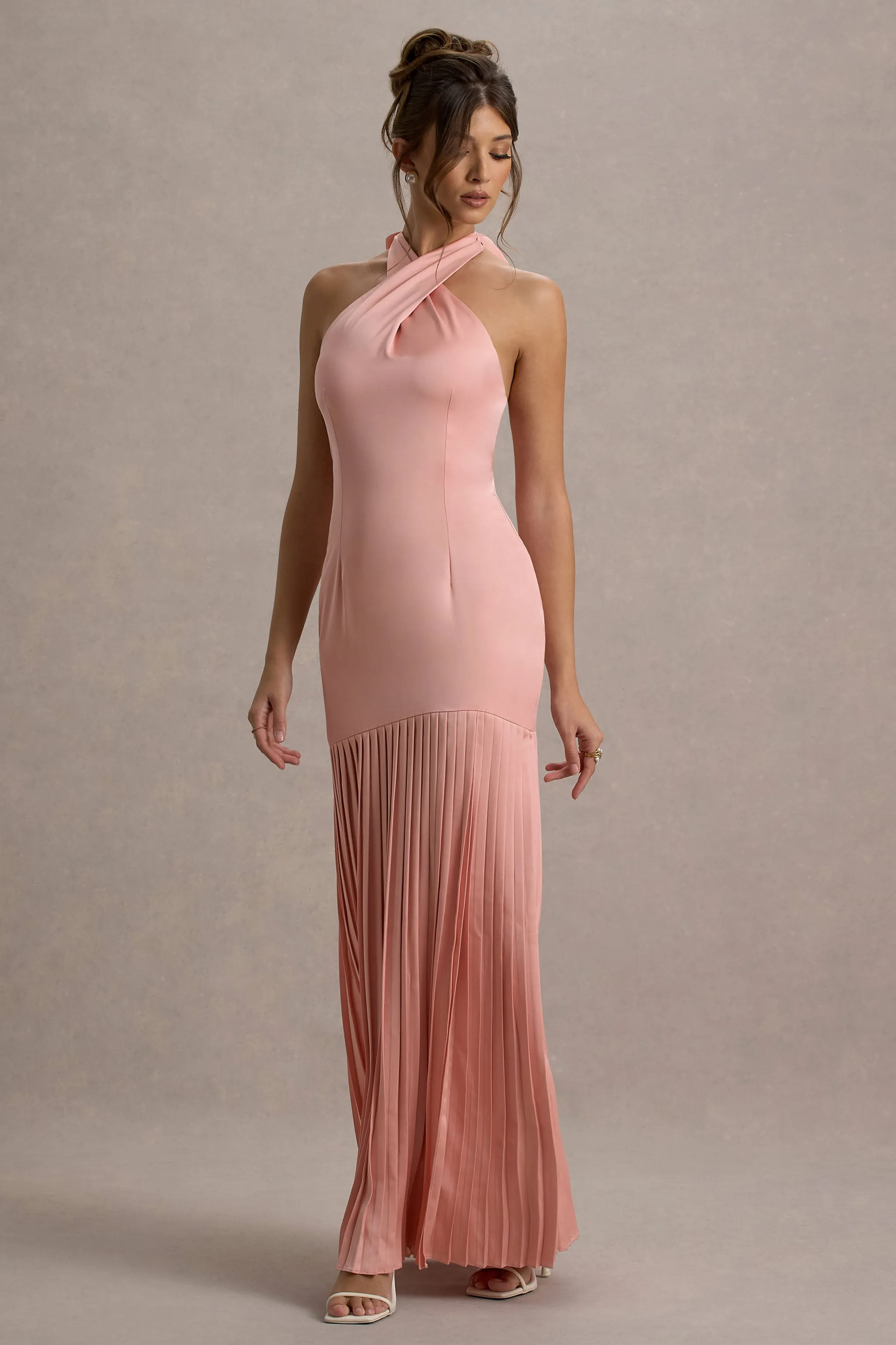 Sansa | Light Pink Satin Cross Halter-Neck Plisse Maxi Dress sold by Club L London product image thumbnail 4