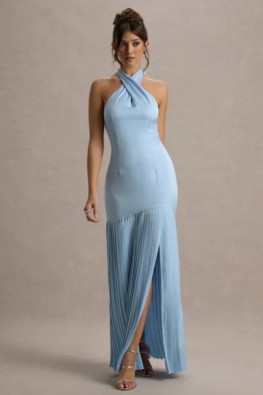 Sansa | Powder Blue Satin Cross Halter-Neck Plisse Maxi Dress sold by Club L London