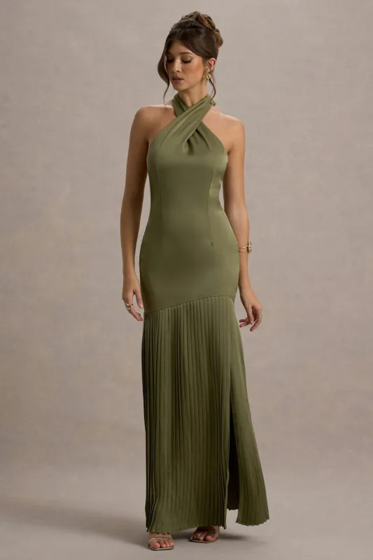 Sansa | Khaki Satin Cross Halter-Neck Plisse Maxi Dress sold by Club L London