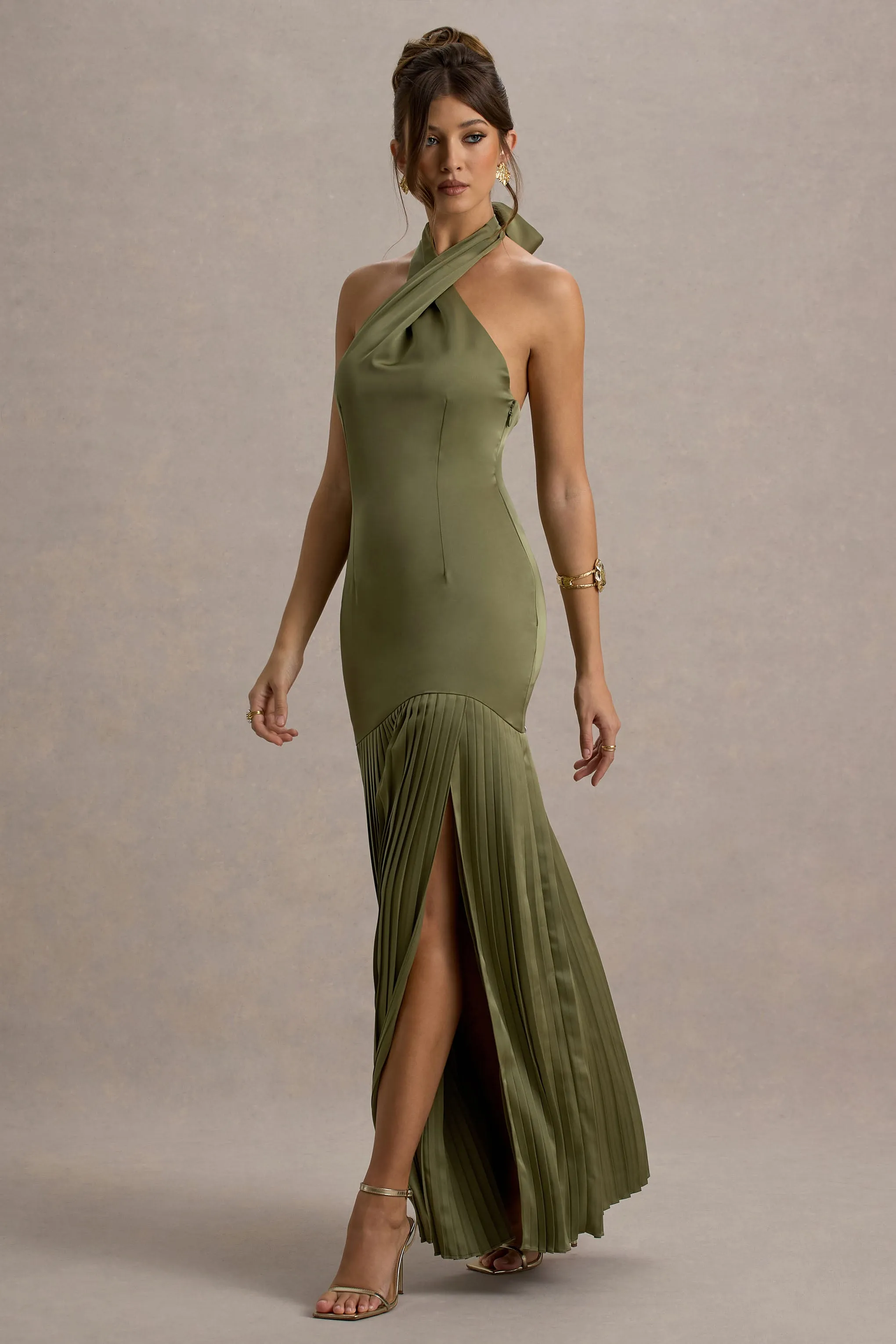 Sansa | Khaki Satin Cross Halter-Neck Plisse Maxi Dress sold by Club L London product image thumbnail 5