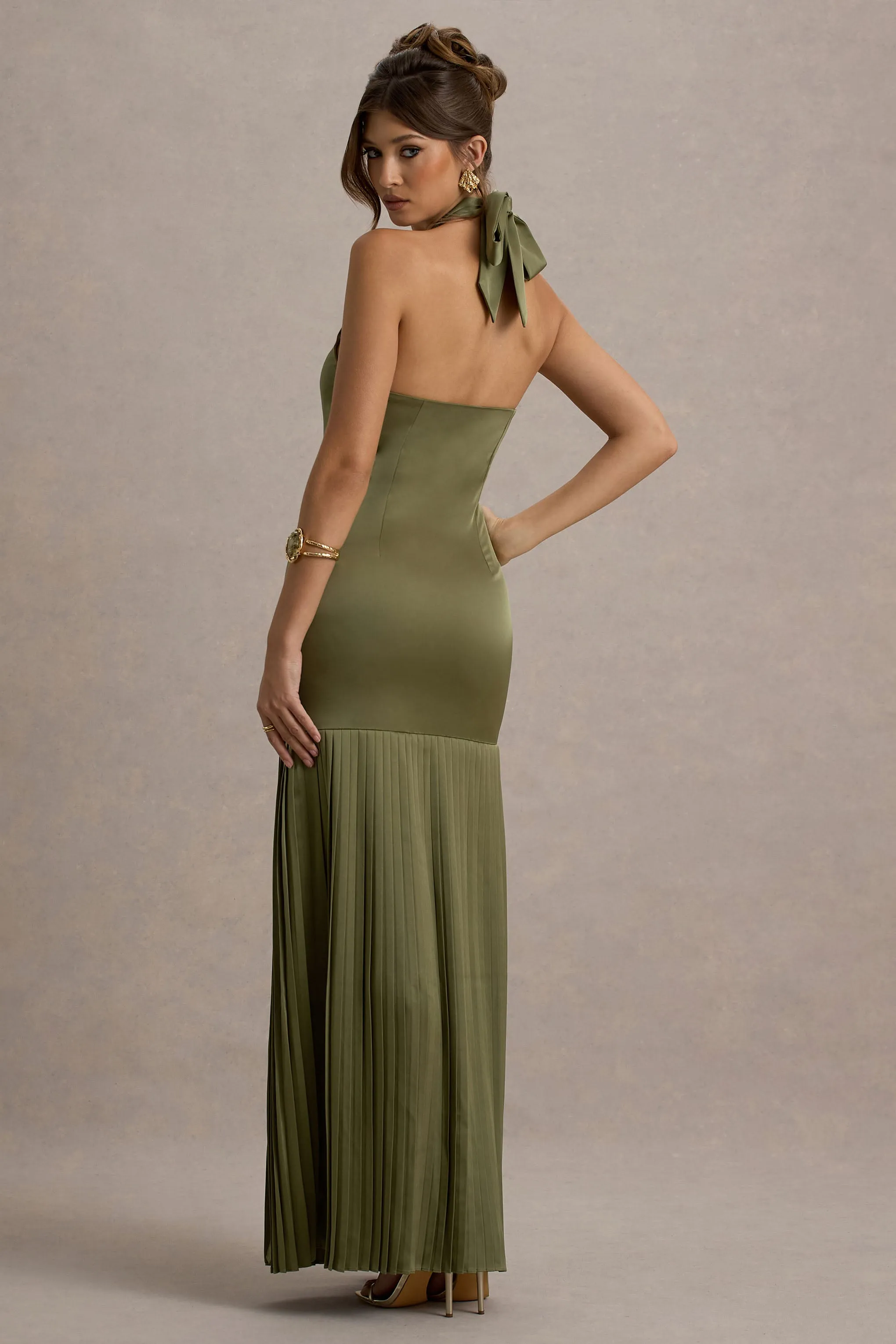 Sansa | Khaki Satin Cross Halter-Neck Plisse Maxi Dress sold by Club L London product image thumbnail 2