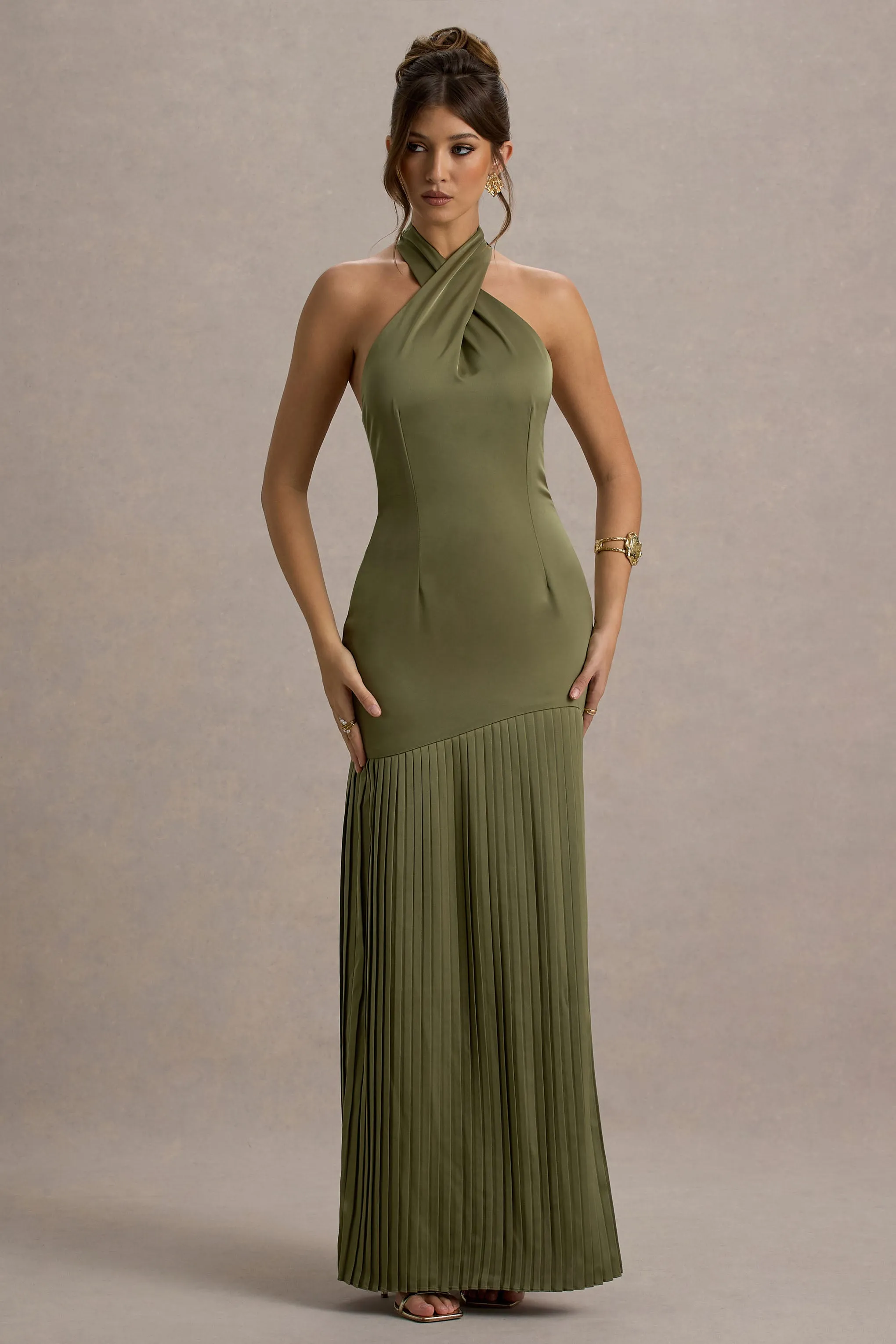 Sansa | Khaki Satin Cross Halter-Neck Plisse Maxi Dress sold by Club L London product image thumbnail 4