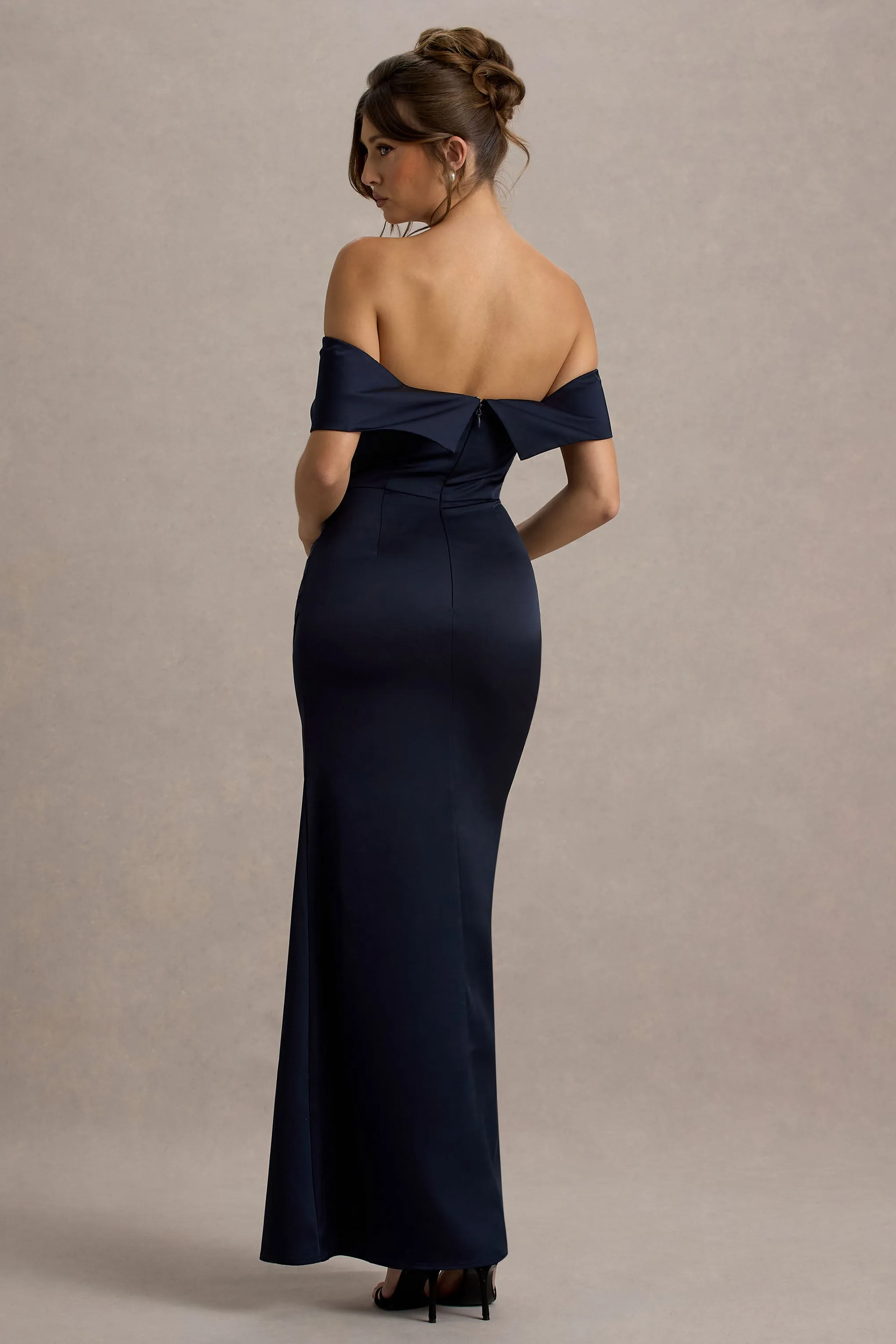 Martine | Navy Satin Bardot Wrap Maxi Dress sold by Club L London product image thumbnail 2