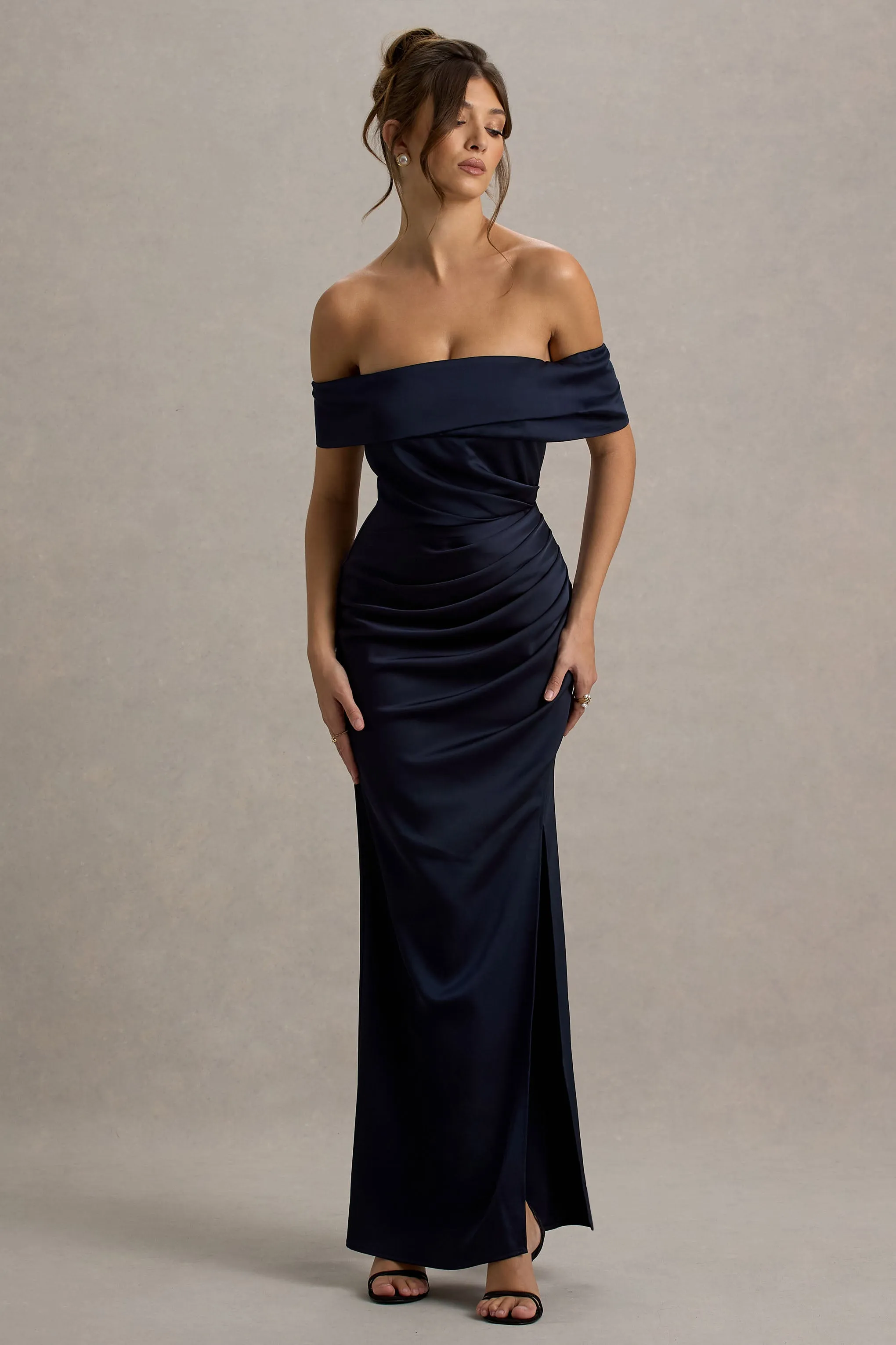 Martine | Navy Satin Bardot Wrap Maxi Dress sold by Club L London product image thumbnail 5