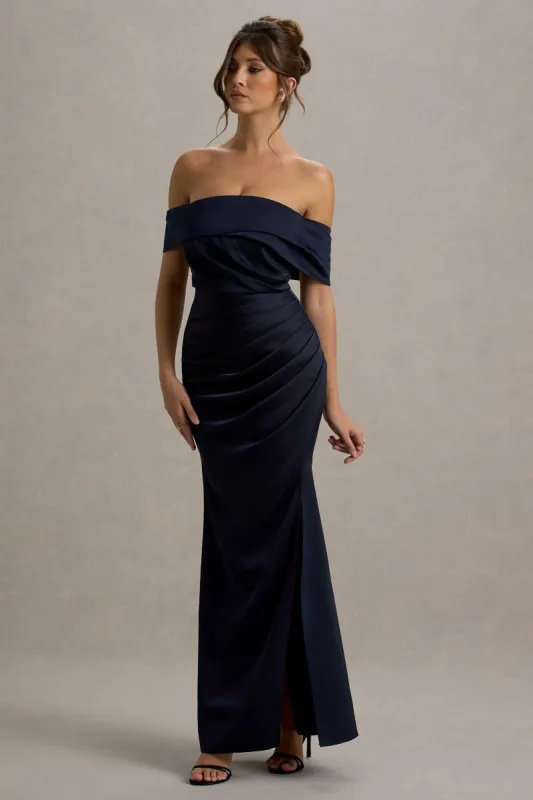 Martine | Navy Satin Bardot Wrap Maxi Dress sold by Club L London