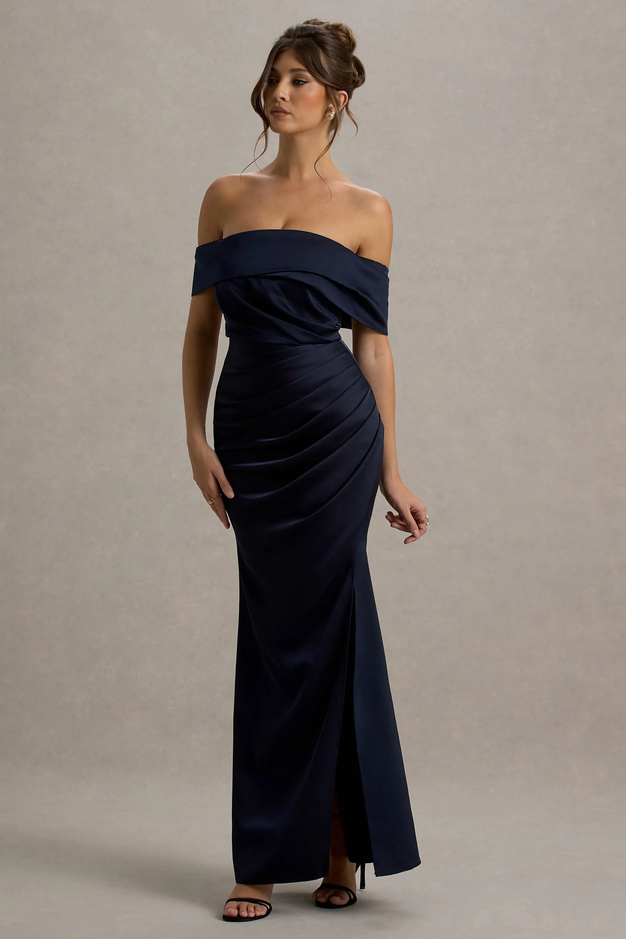 Martine | Navy Satin Bardot Wrap Maxi Dress sold by Club L London