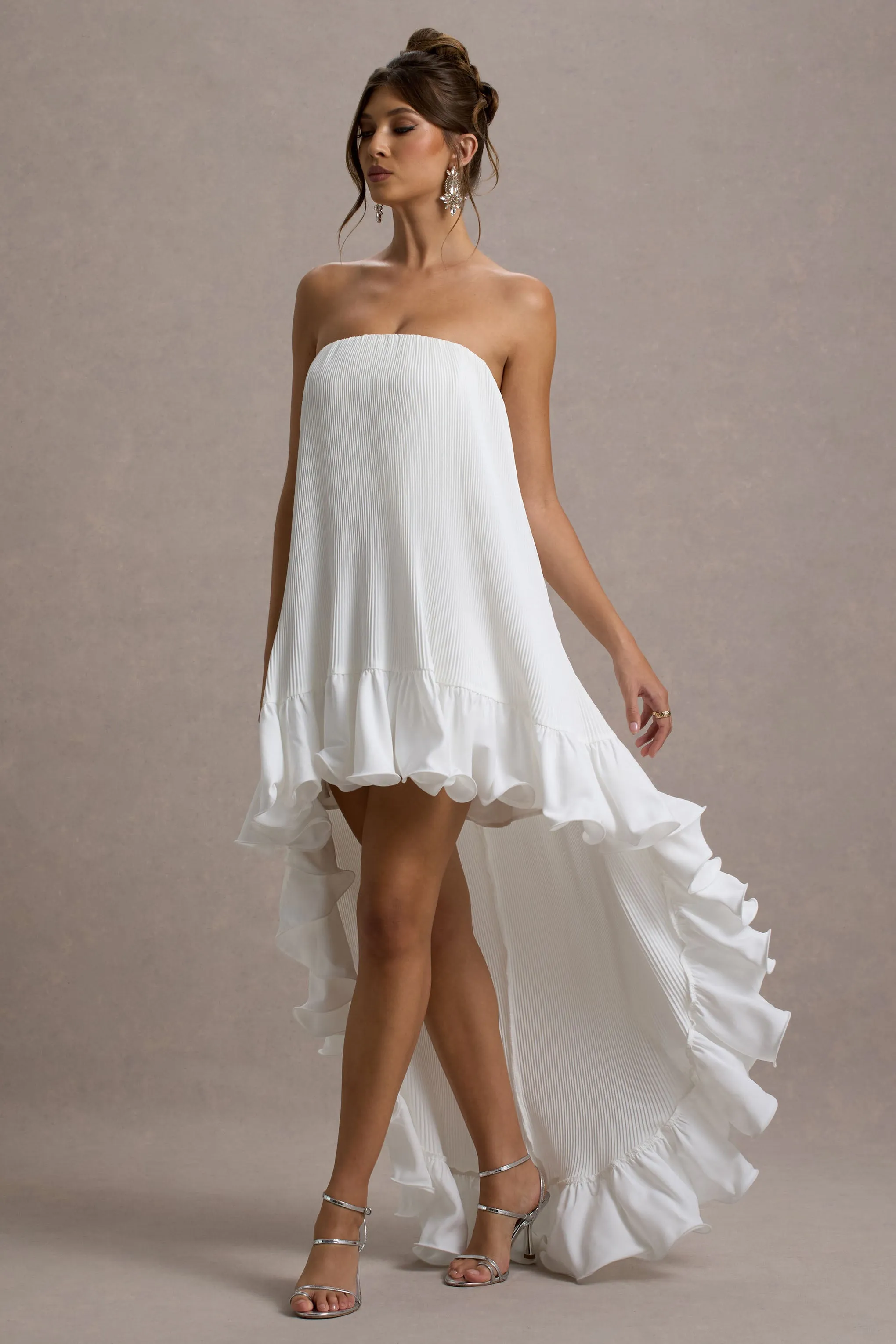 Whistler | White Chiffon Bandeau High-Low Ruffled Maxi Dress sold by Club L London