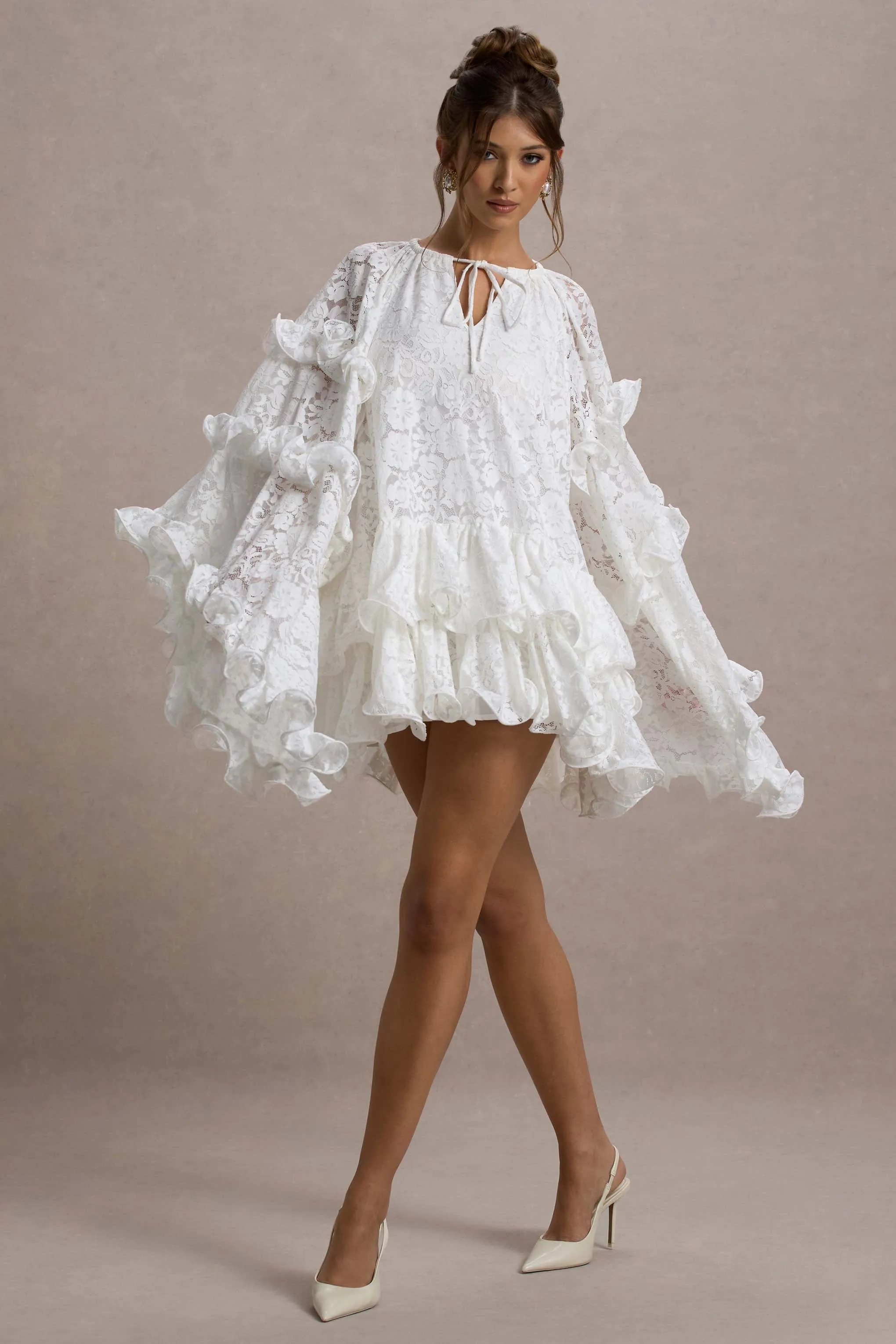 Arlington | White Lace Cape-Sleeve Mini Dress sold by Club L London