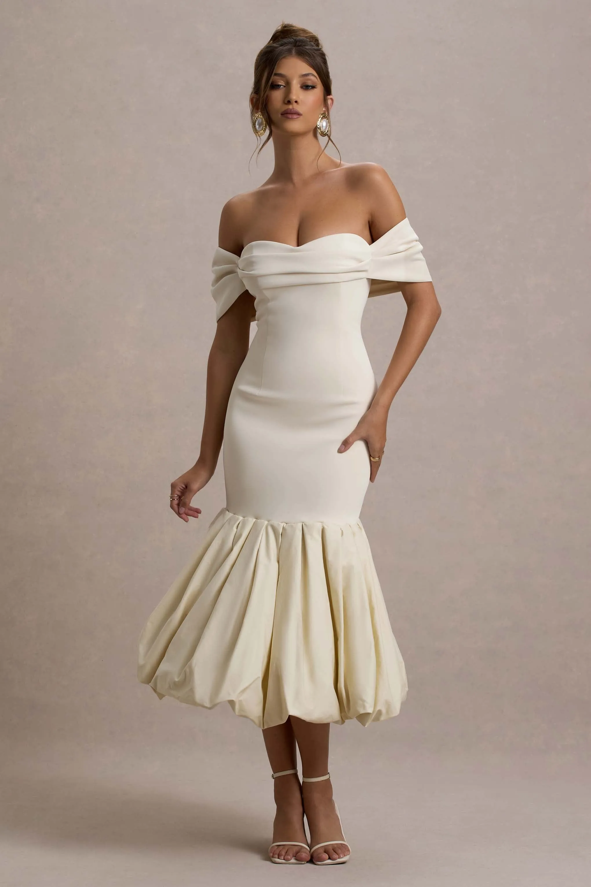 Posie | Stone Bardot Midi Dress With Puffball Hem sold by Club L London product image thumbnail 5