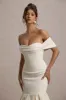 Posie | Stone Bardot Midi Dress With Puffball Hem sold by Club L London