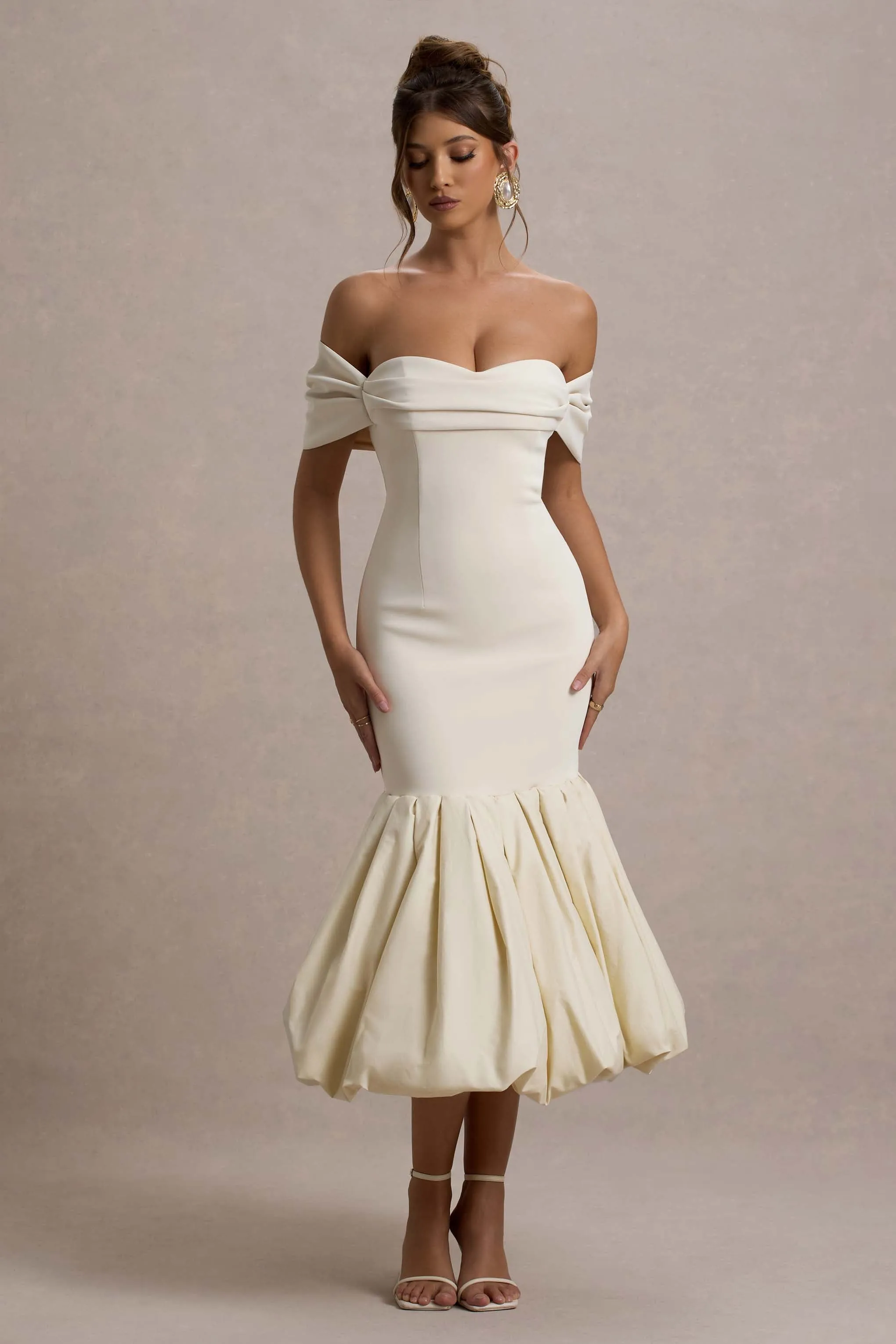 Posie | Stone Bardot Midi Dress With Puffball Hem sold by Club L London