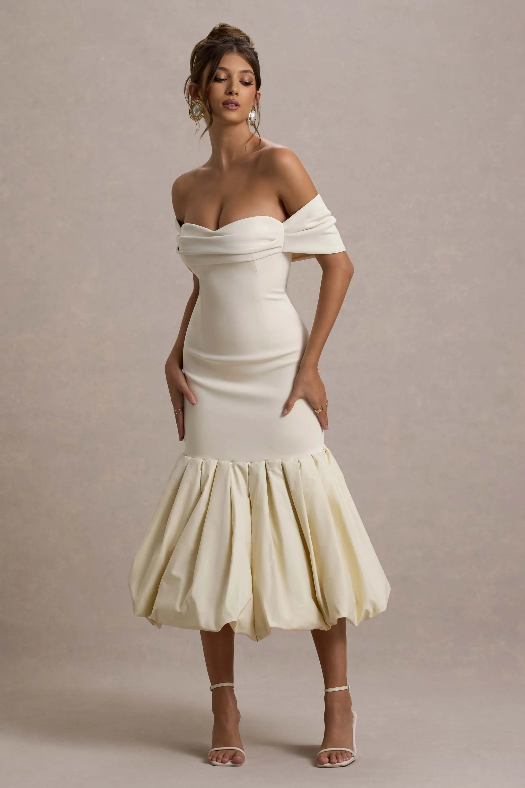 Posie | Stone Bardot Midi Dress With Puffball Hem sold by Club L London product image thumbnail 4