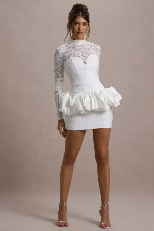 Antheia | White Lace Long-Sleeve Peplum Mini Dress sold by Club L London