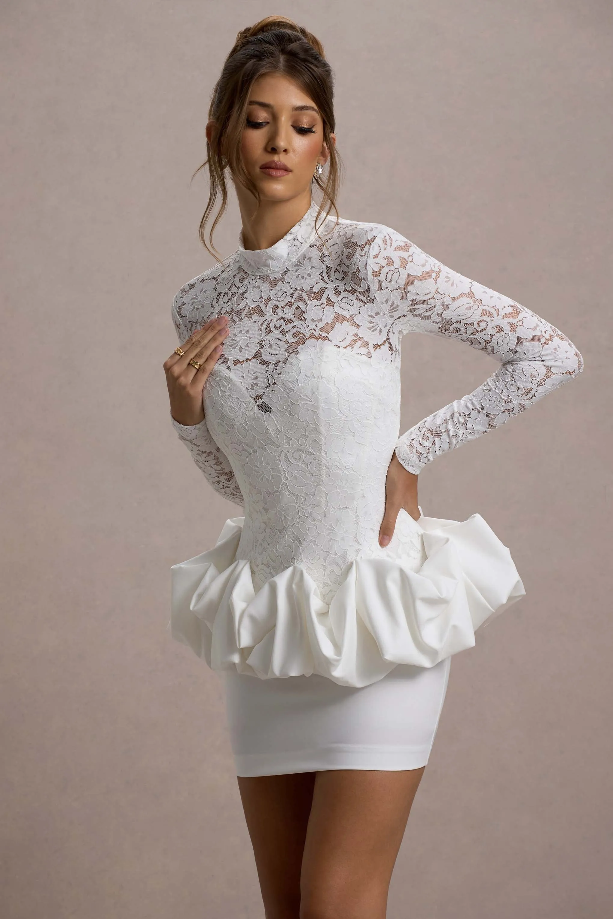Antheia | White Lace Long-Sleeve Peplum Mini Dress sold by Club L London product image thumbnail 3