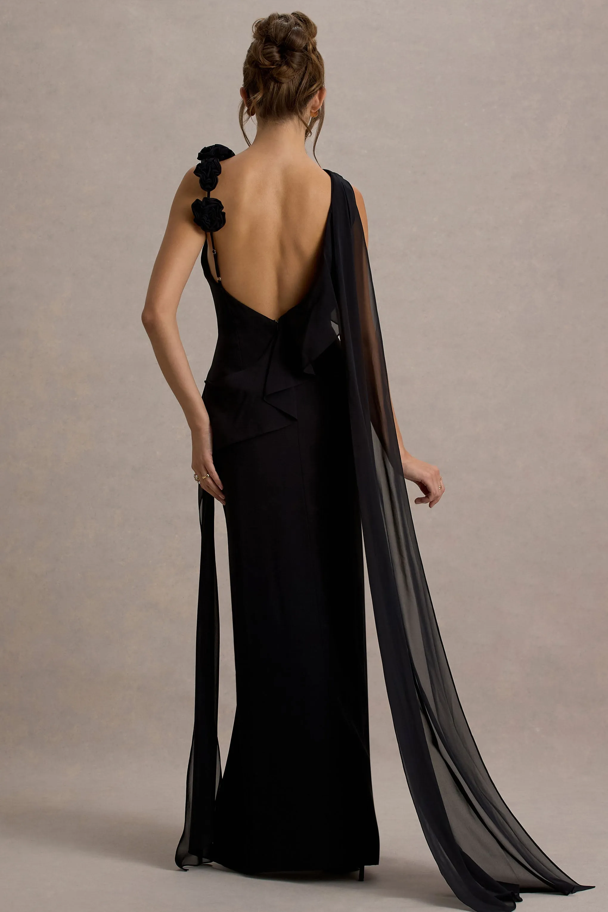 Angeline | Black Chiffon Draped Split Maxi Dress With Corsages sold by Club L London product image thumbnail 2