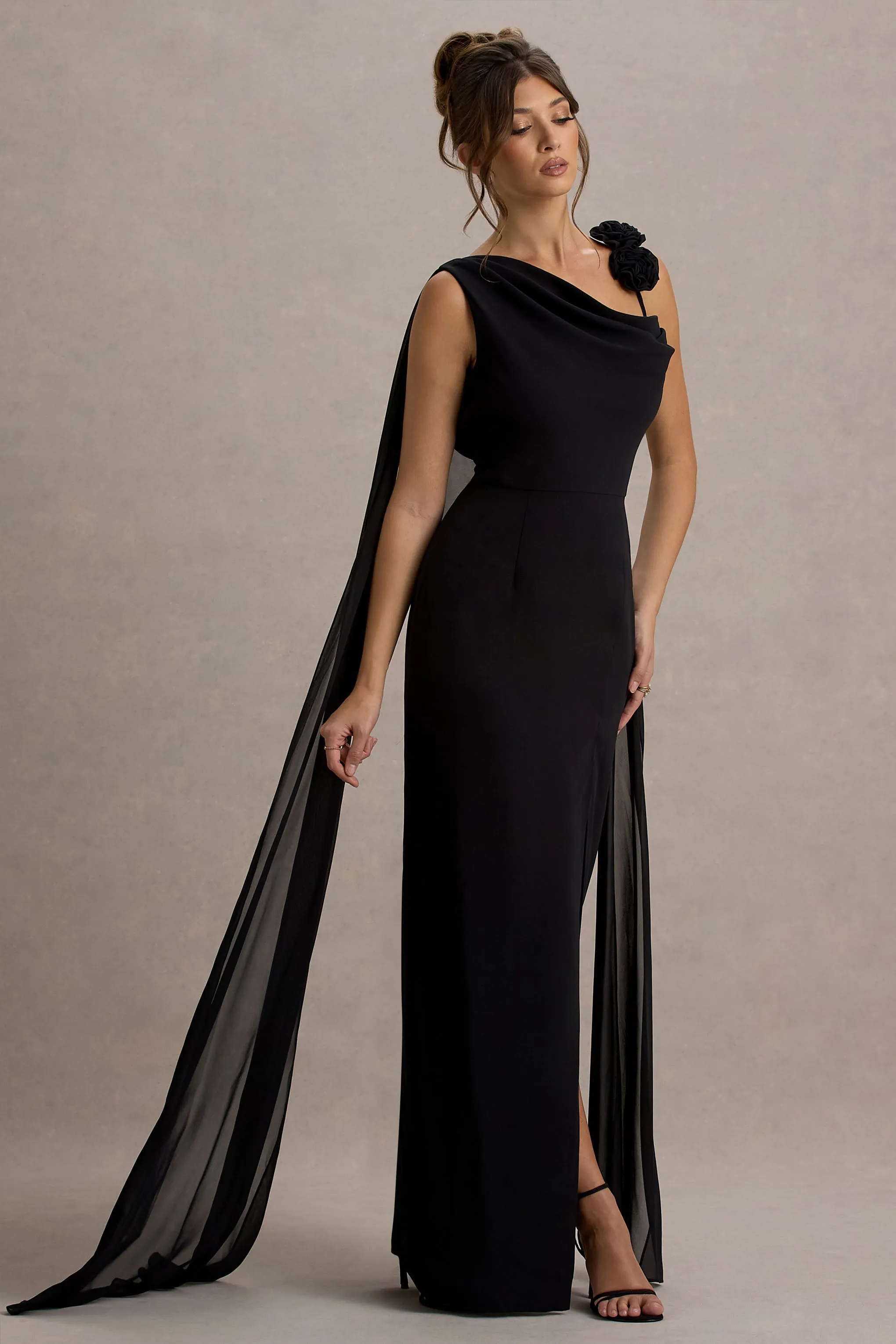 Angeline | Black Chiffon Draped Split Maxi Dress With Corsages sold by Club L London product image thumbnail 4