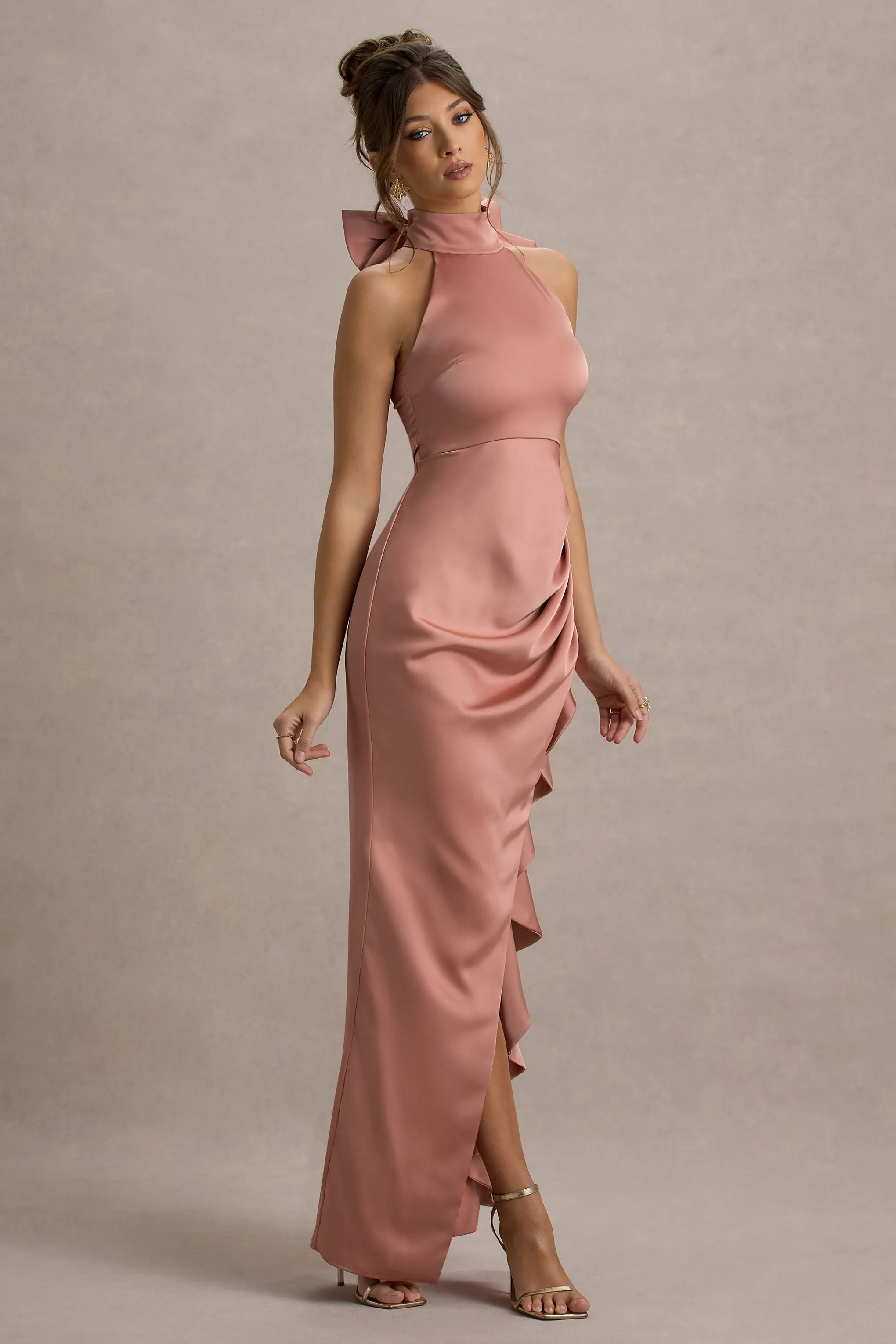 Maureen | Pink Satin High-Neck Draped Maxi Dress sold by Club L London product image thumbnail 4