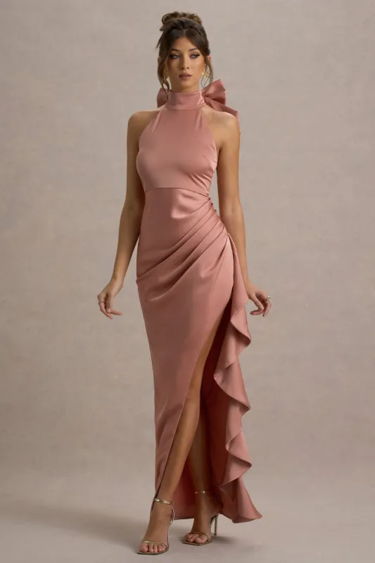Maureen | Pink Satin High-Neck Draped Maxi Dress sold by Club L London