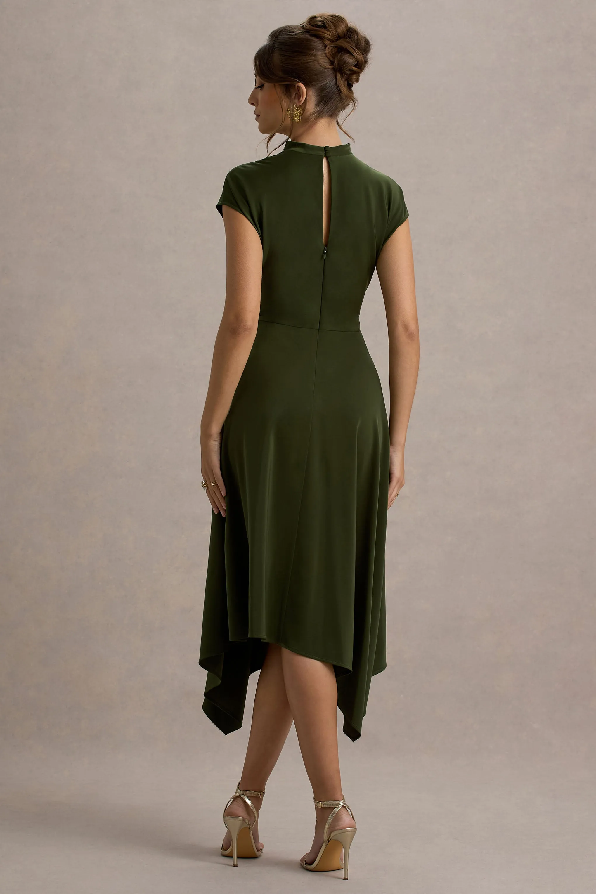 Velma | Olive Satin Midi Dress With Draped Hem sold by Club L London product image thumbnail 2