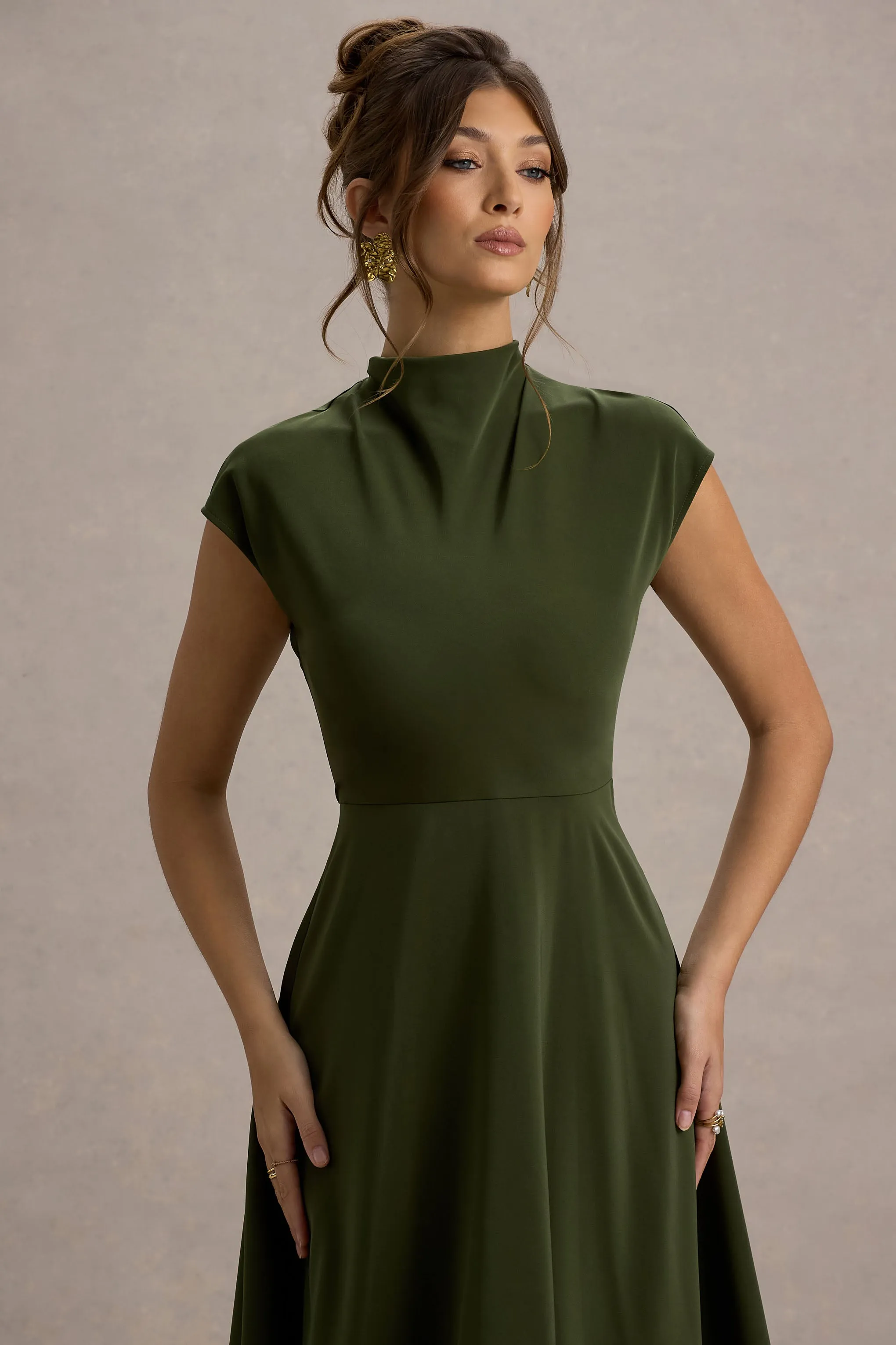 Velma | Olive Satin Midi Dress With Draped Hem sold by Club L London product image thumbnail 3