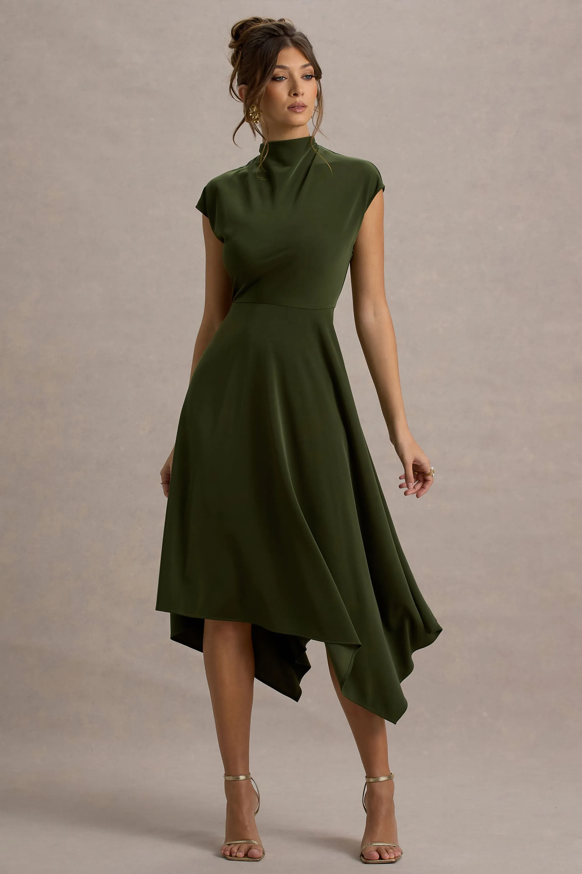Velma | Olive Satin Midi Dress With Draped Hem sold by Club L London product image thumbnail 4