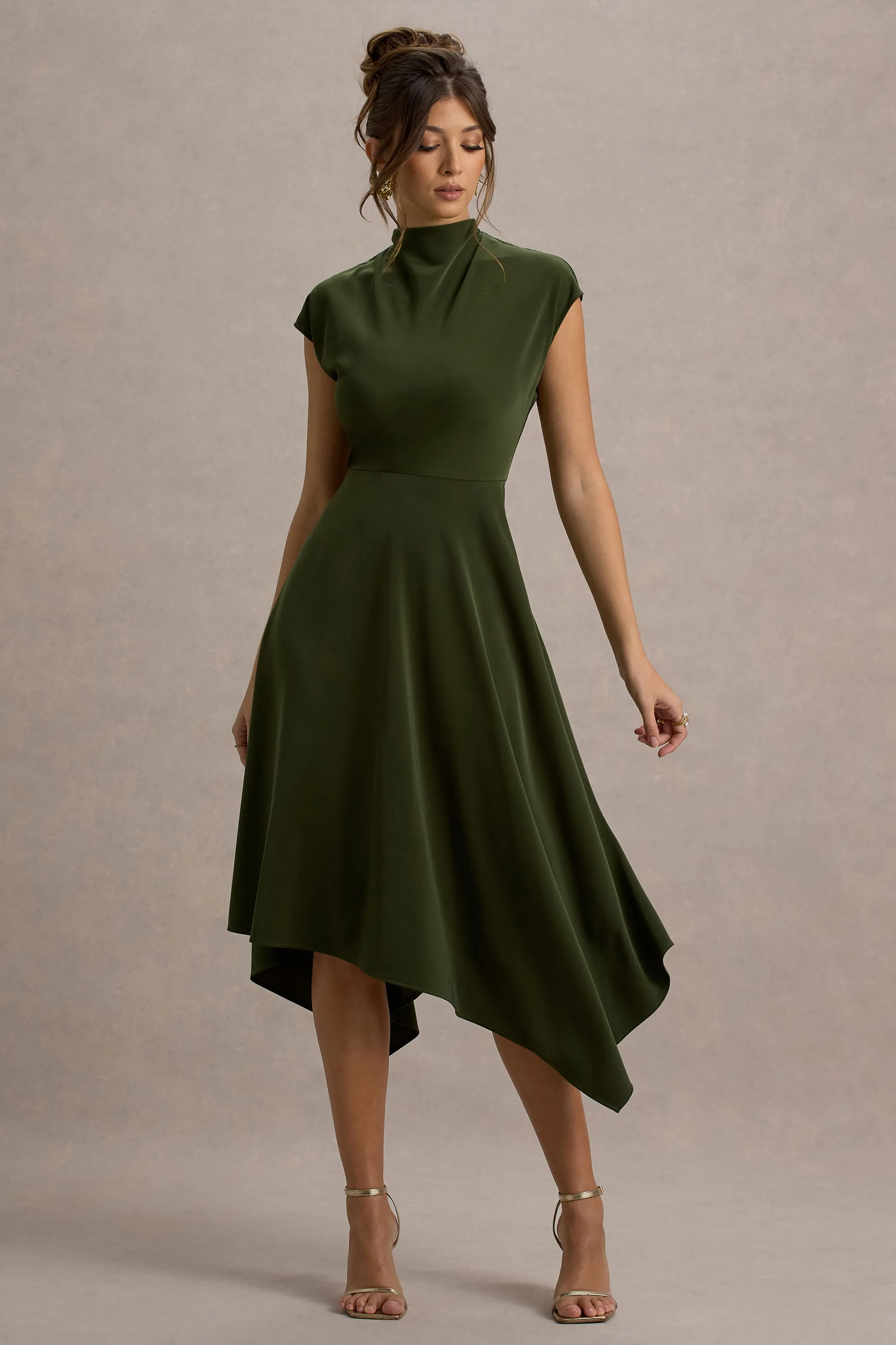 Velma | Olive Satin Midi Dress With Draped Hem sold by Club L London