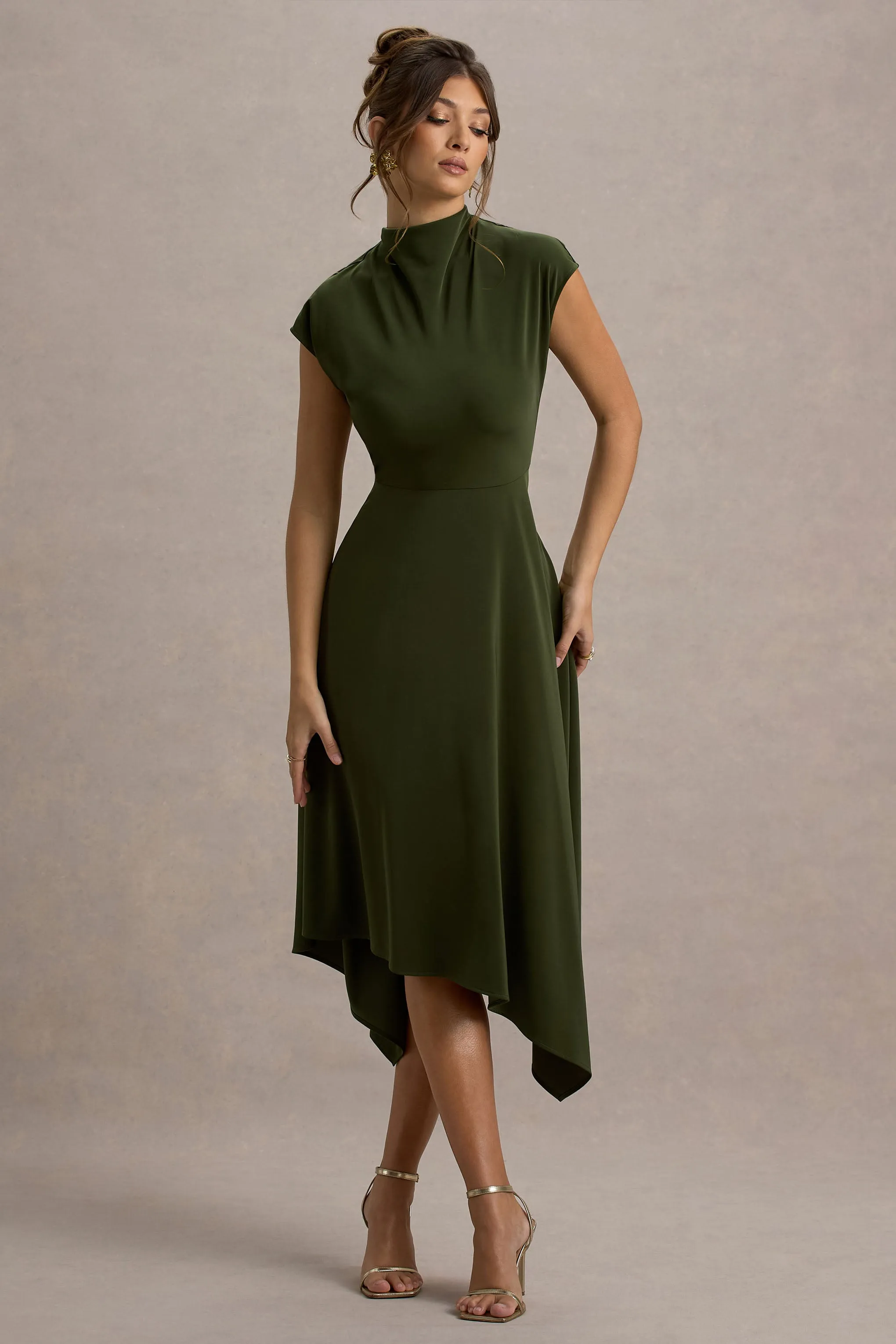 Velma | Olive Satin Midi Dress With Draped Hem sold by Club L London product image thumbnail 5