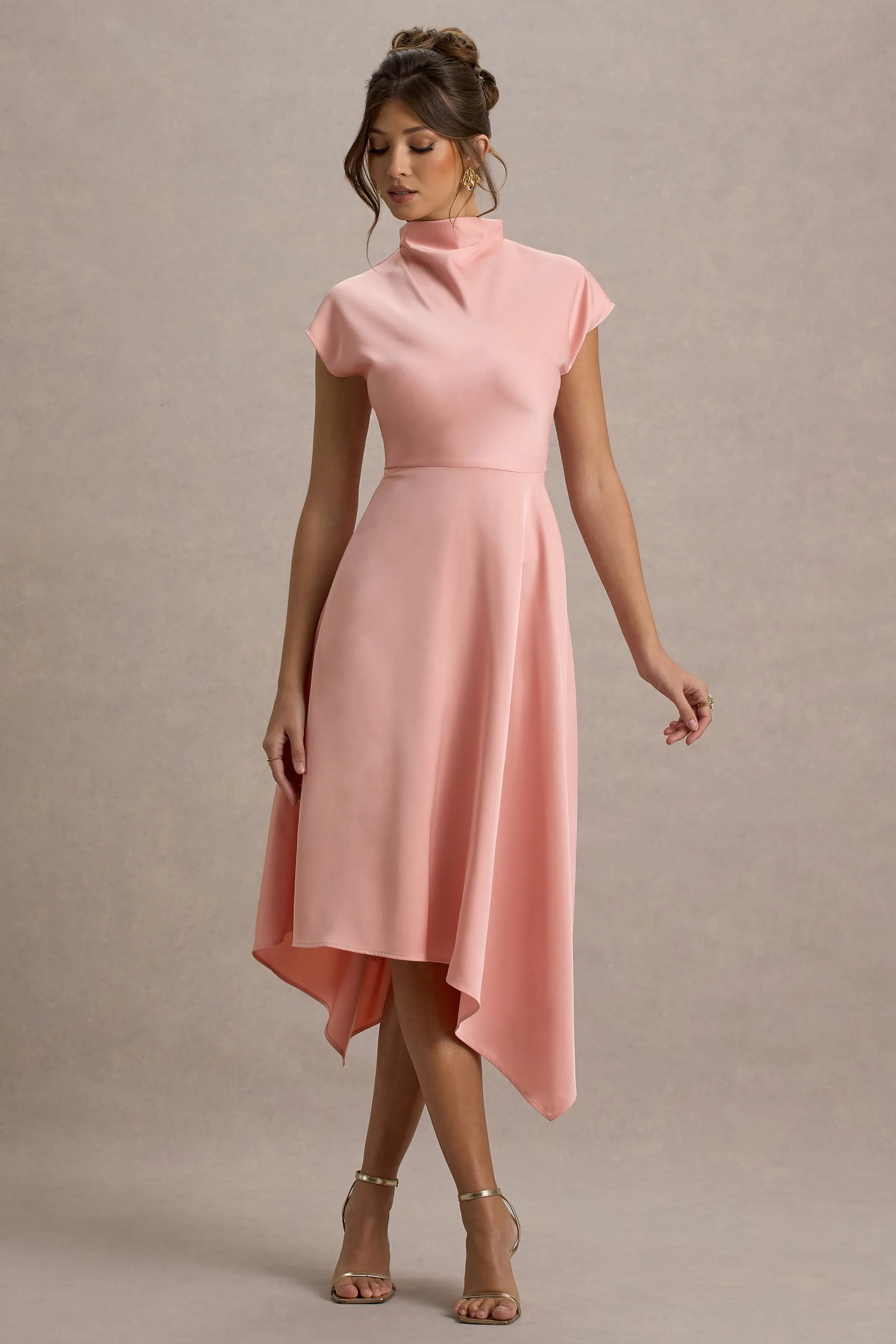 Velma | Light Pink Satin Midi Dress With Draped Hem sold by Club L London product image thumbnail 4
