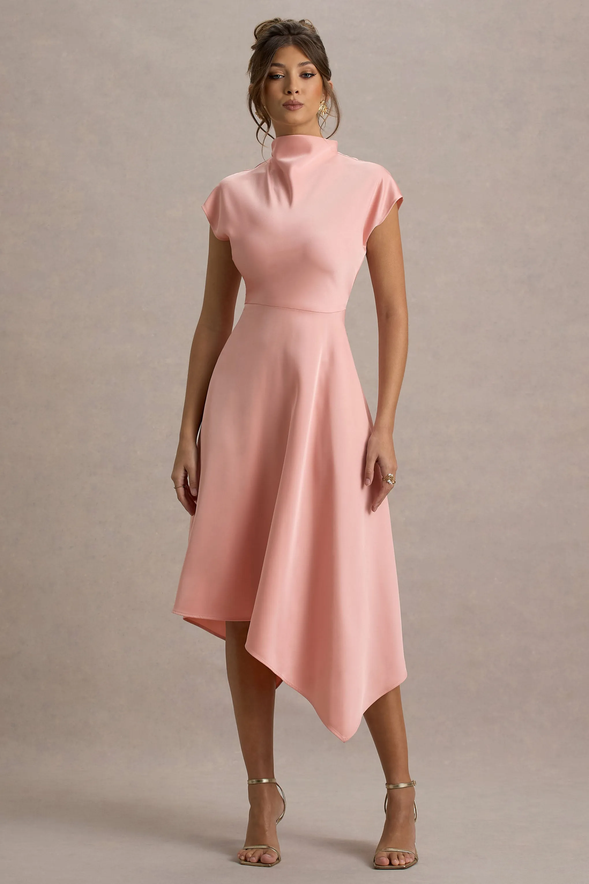 Velma | Light Pink Satin Midi Dress With Draped Hem sold by Club L London product image thumbnail 5