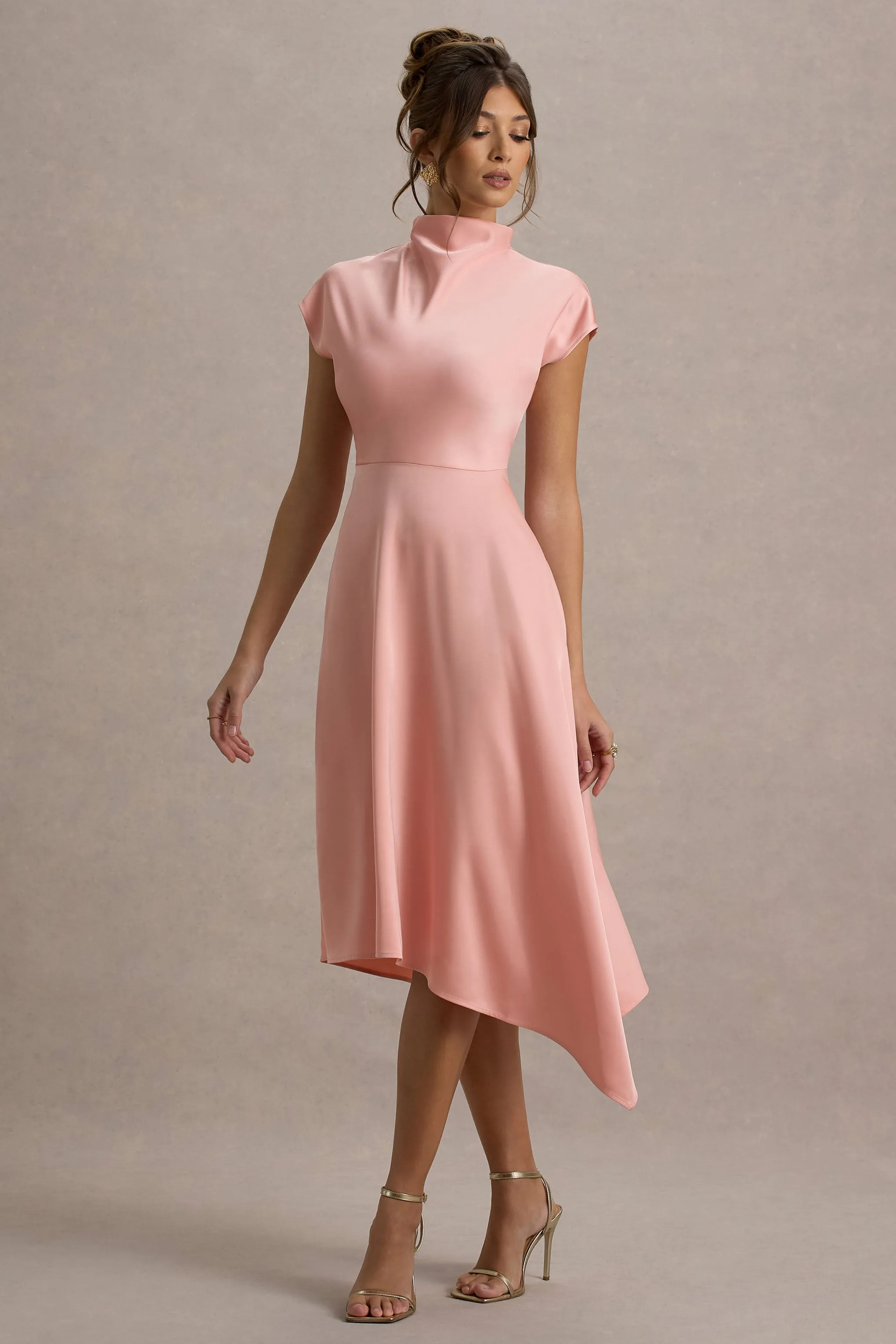 Velma | Light Pink Satin Midi Dress With Draped Hem sold by Club L London