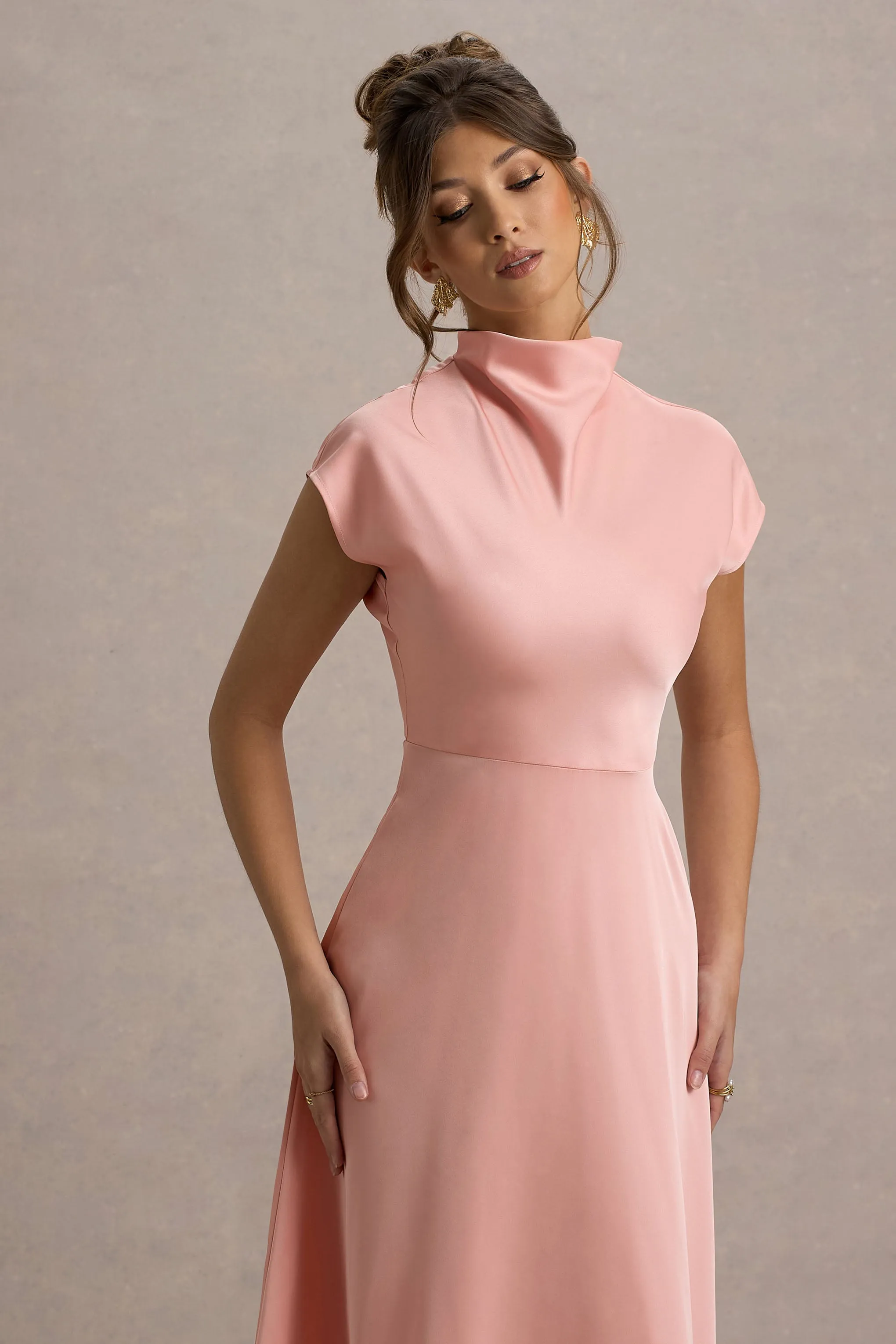 Velma | Light Pink Satin Midi Dress With Draped Hem sold by Club L London product image thumbnail 3