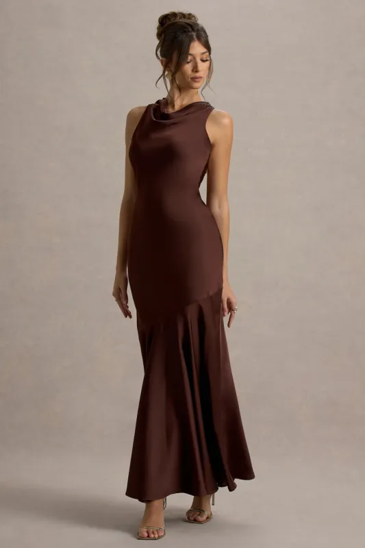 Amelita | Brown Satin Cowl-Neck Fishtail Maxi Dress sold by Club L London