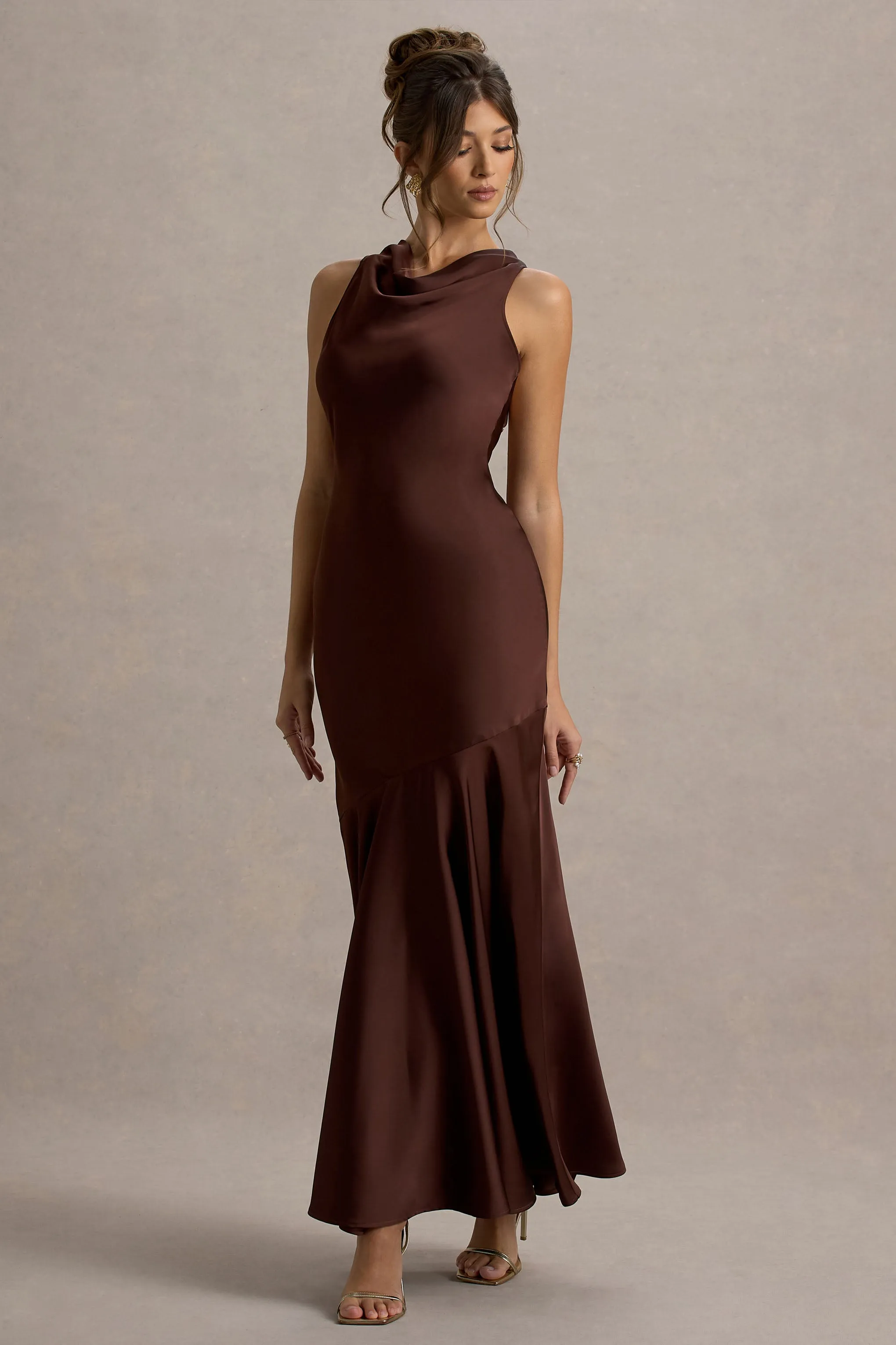 Amelita | Brown Satin Cowl-Neck Fishtail Maxi Dress sold by Club L London
