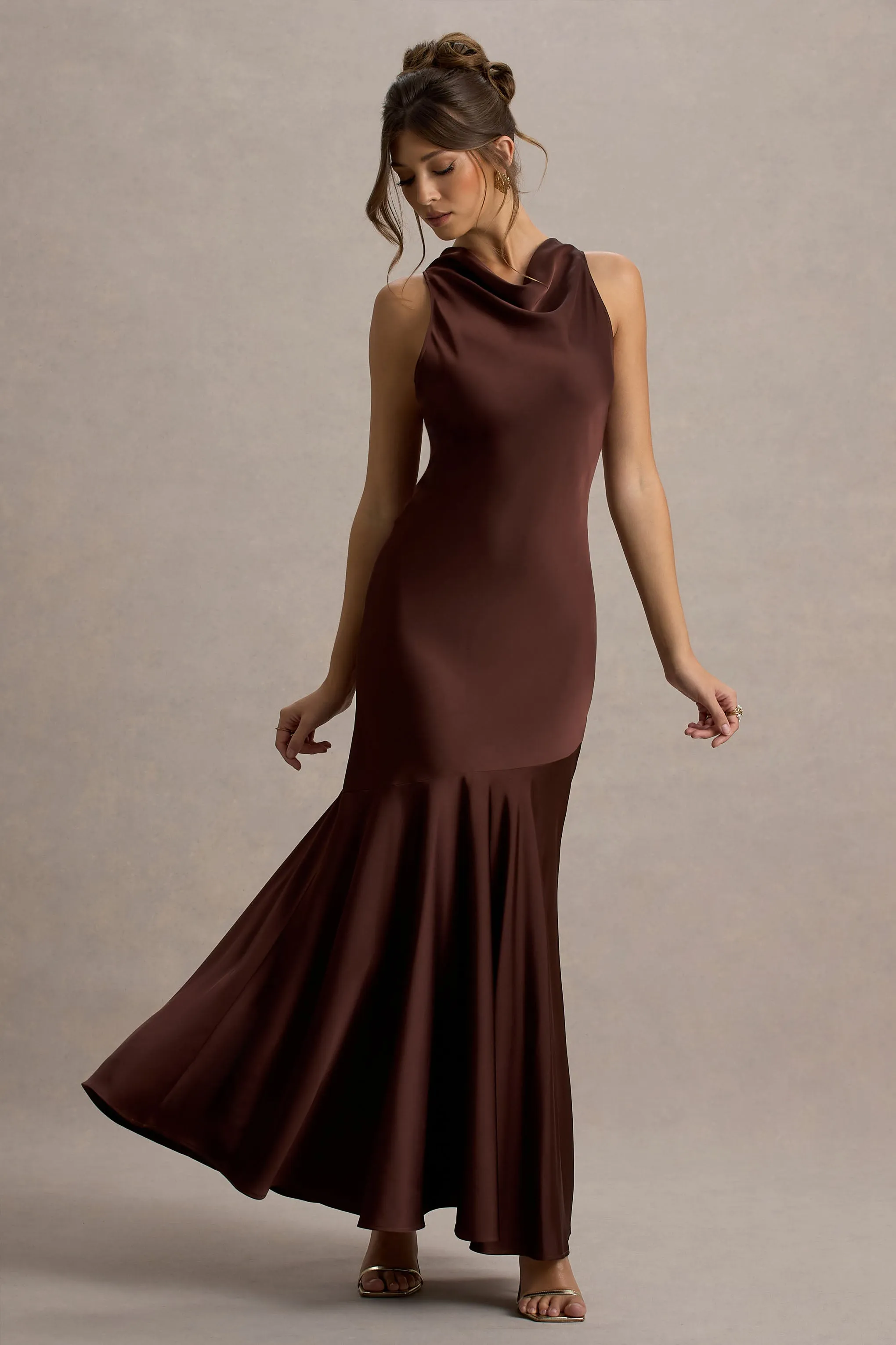 Amelita | Brown Satin Cowl-Neck Fishtail Maxi Dress sold by Club L London product image thumbnail 4