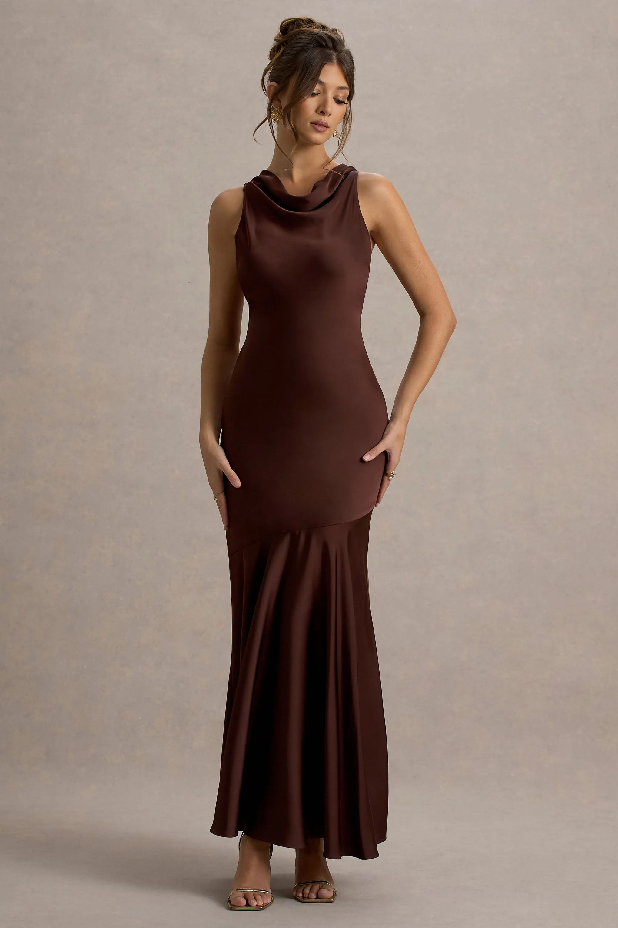 Amelita | Brown Satin Cowl-Neck Fishtail Maxi Dress sold by Club L London product image thumbnail 5