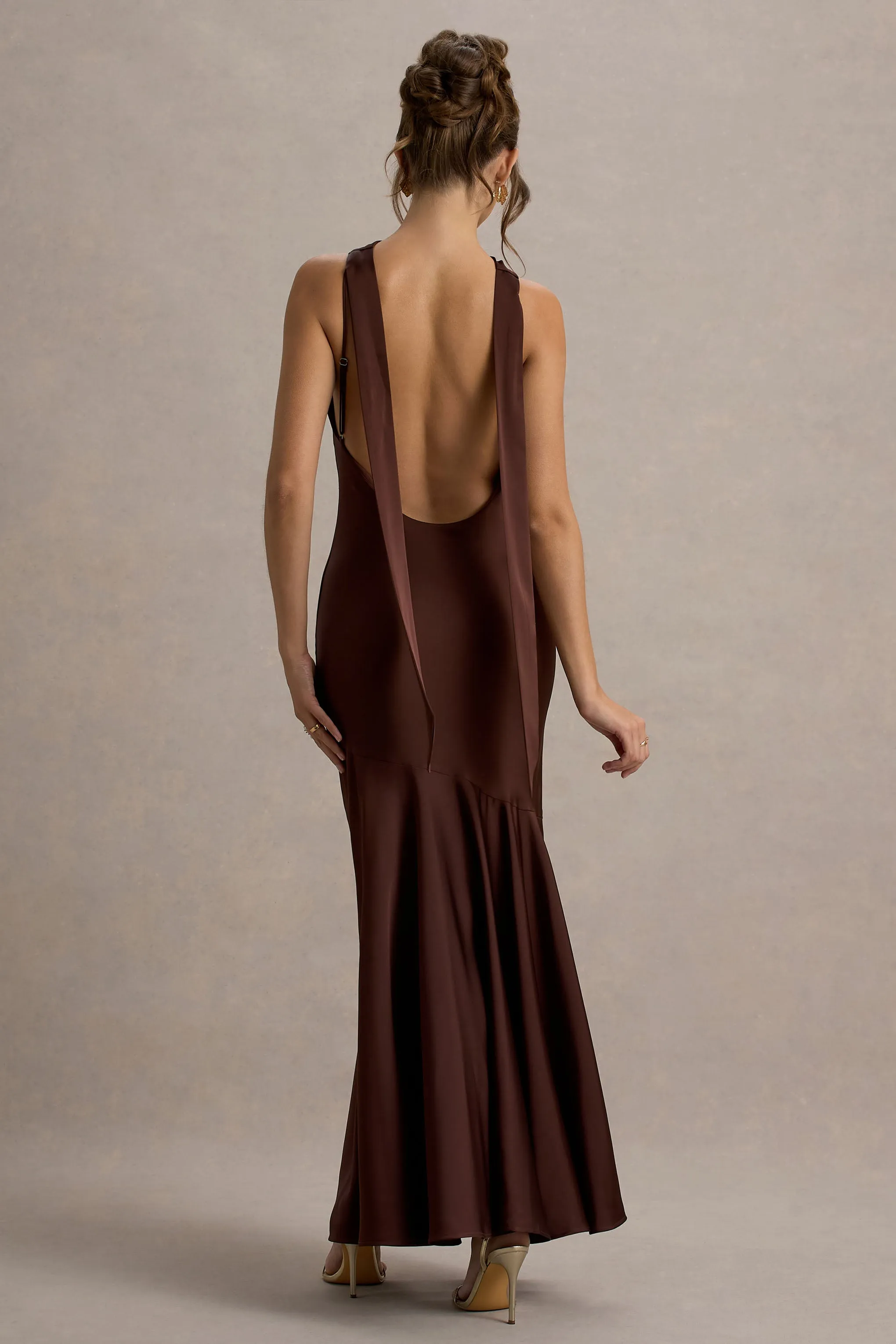 Amelita | Brown Satin Cowl-Neck Fishtail Maxi Dress sold by Club L London product image thumbnail 2