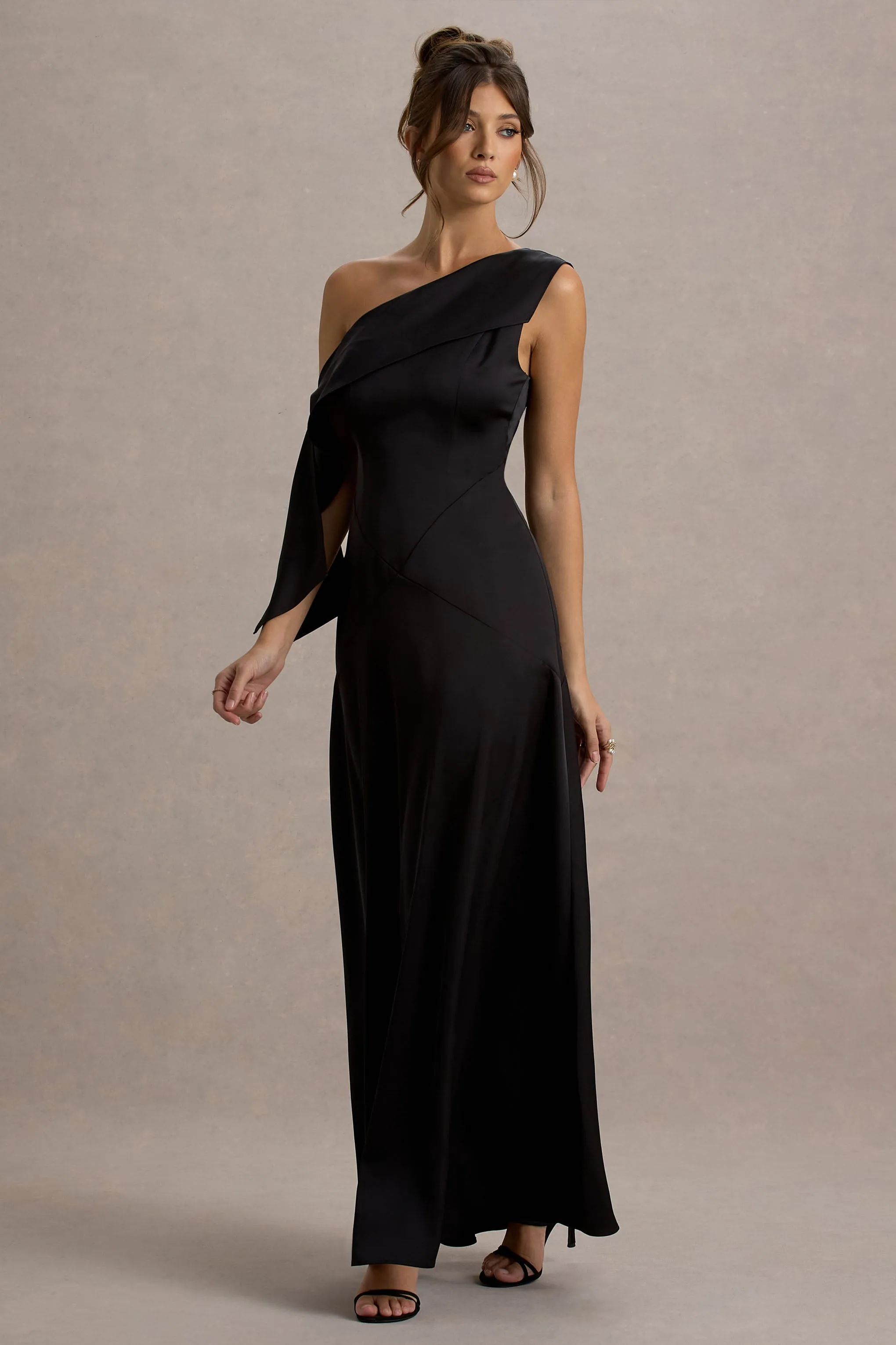 Nicola | Black Satin Asymmetric Bardot Draped Maxi Dress sold by Club L London product image thumbnail 5