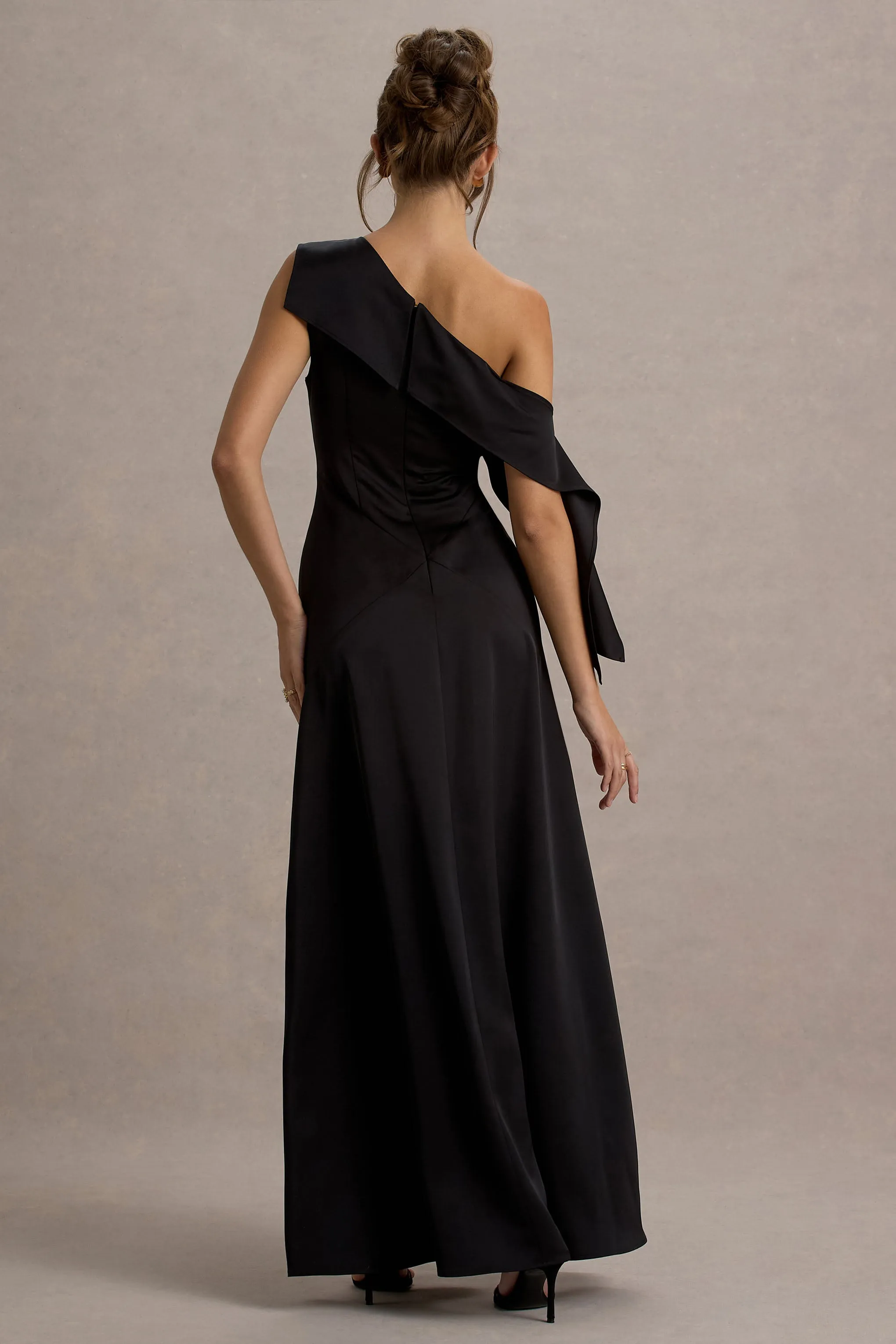 Nicola | Black Satin Asymmetric Bardot Draped Maxi Dress sold by Club L London product image thumbnail 2