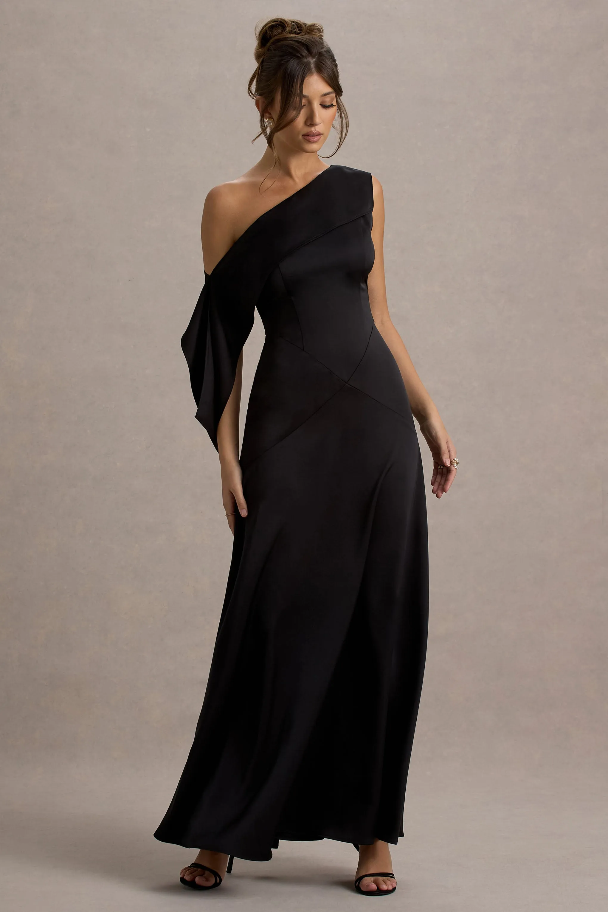 Nicola | Black Satin Asymmetric Bardot Draped Maxi Dress sold by Club L London product image thumbnail 4