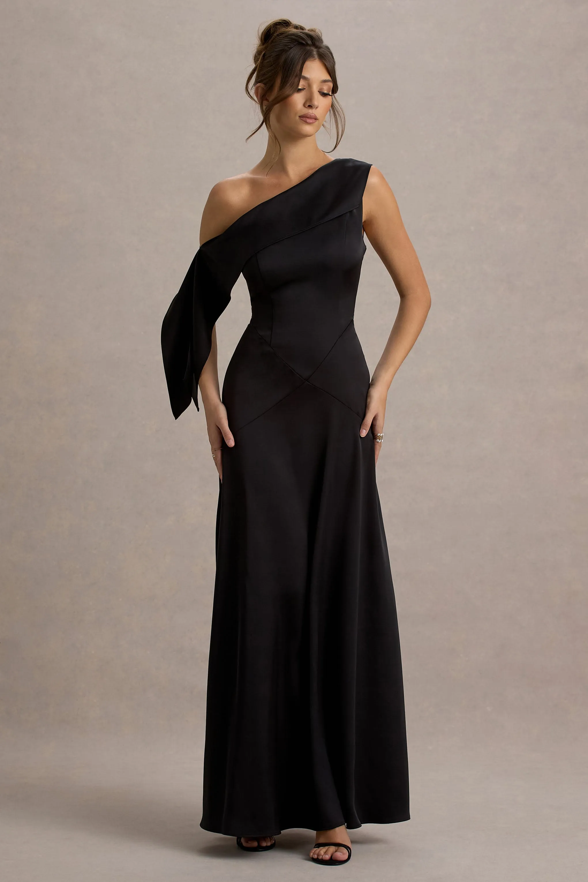 Nicola | Black Satin Asymmetric Bardot Draped Maxi Dress sold by Club L London