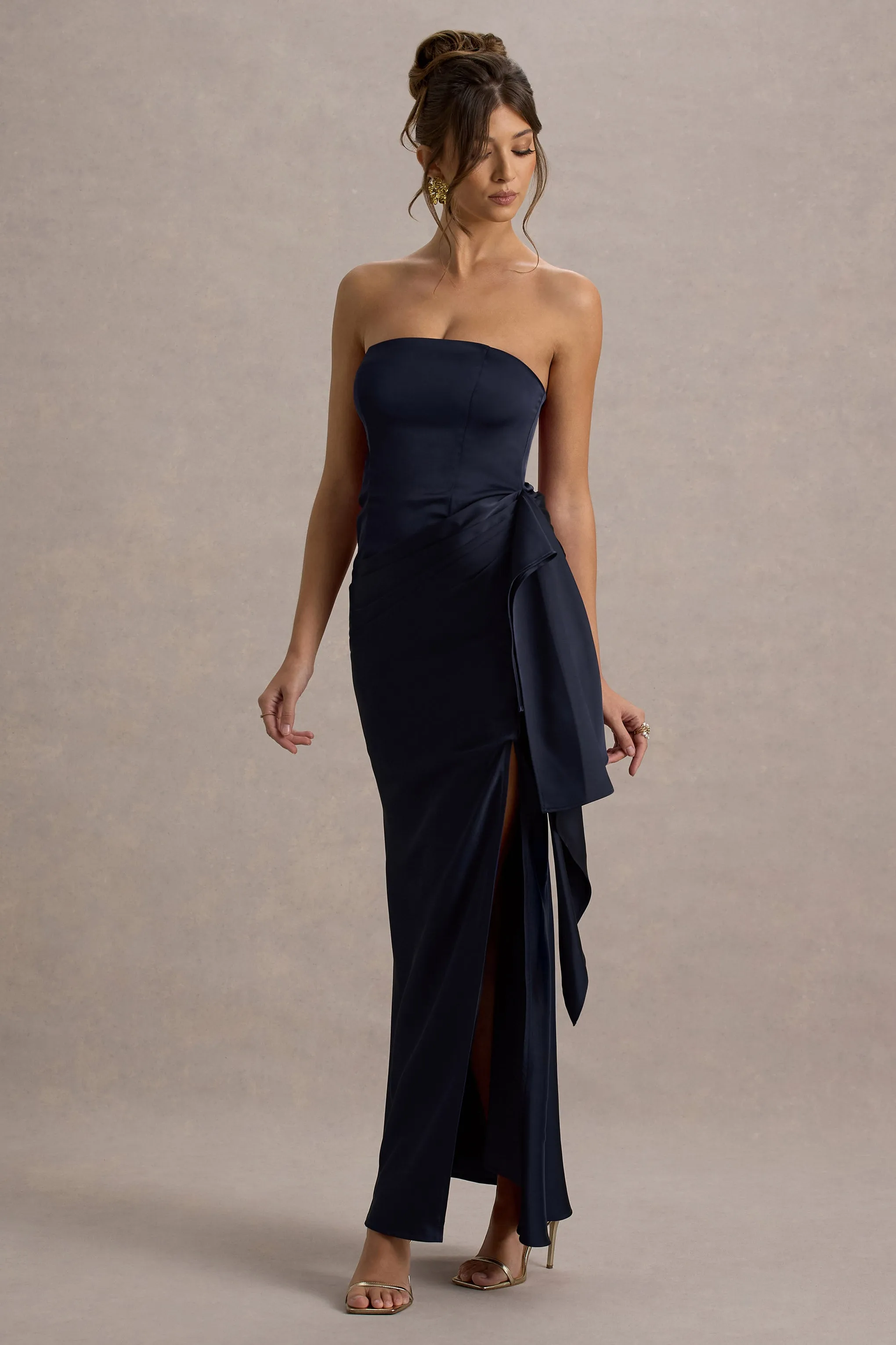 Loz | Navy Satin Bandeau Draped Maxi Dress sold by Club L London